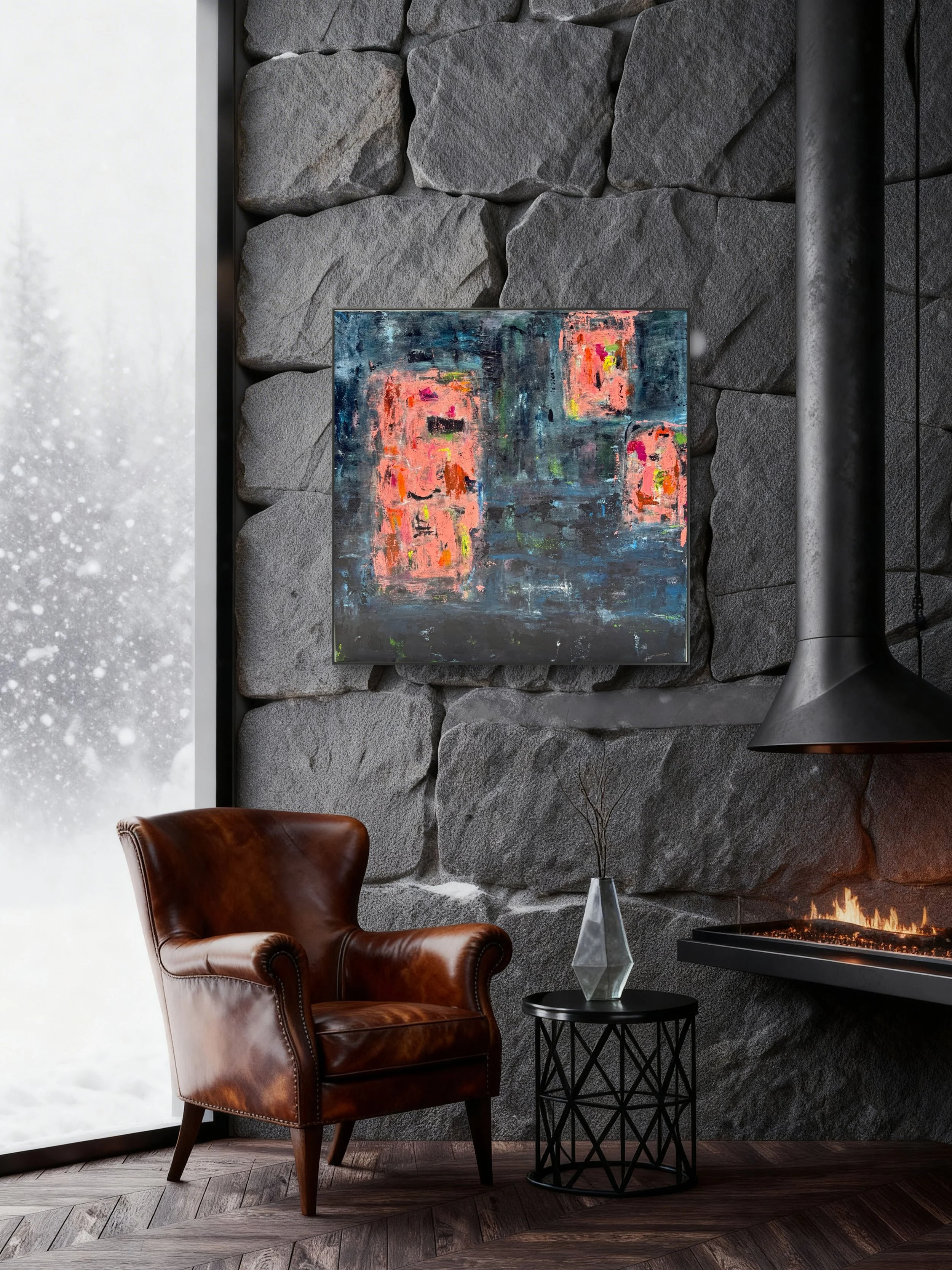 Pink, black and midnight blue abstract painting by Asmaa Harimi displayed on a stone wall beside a fireplace in a modern living room.