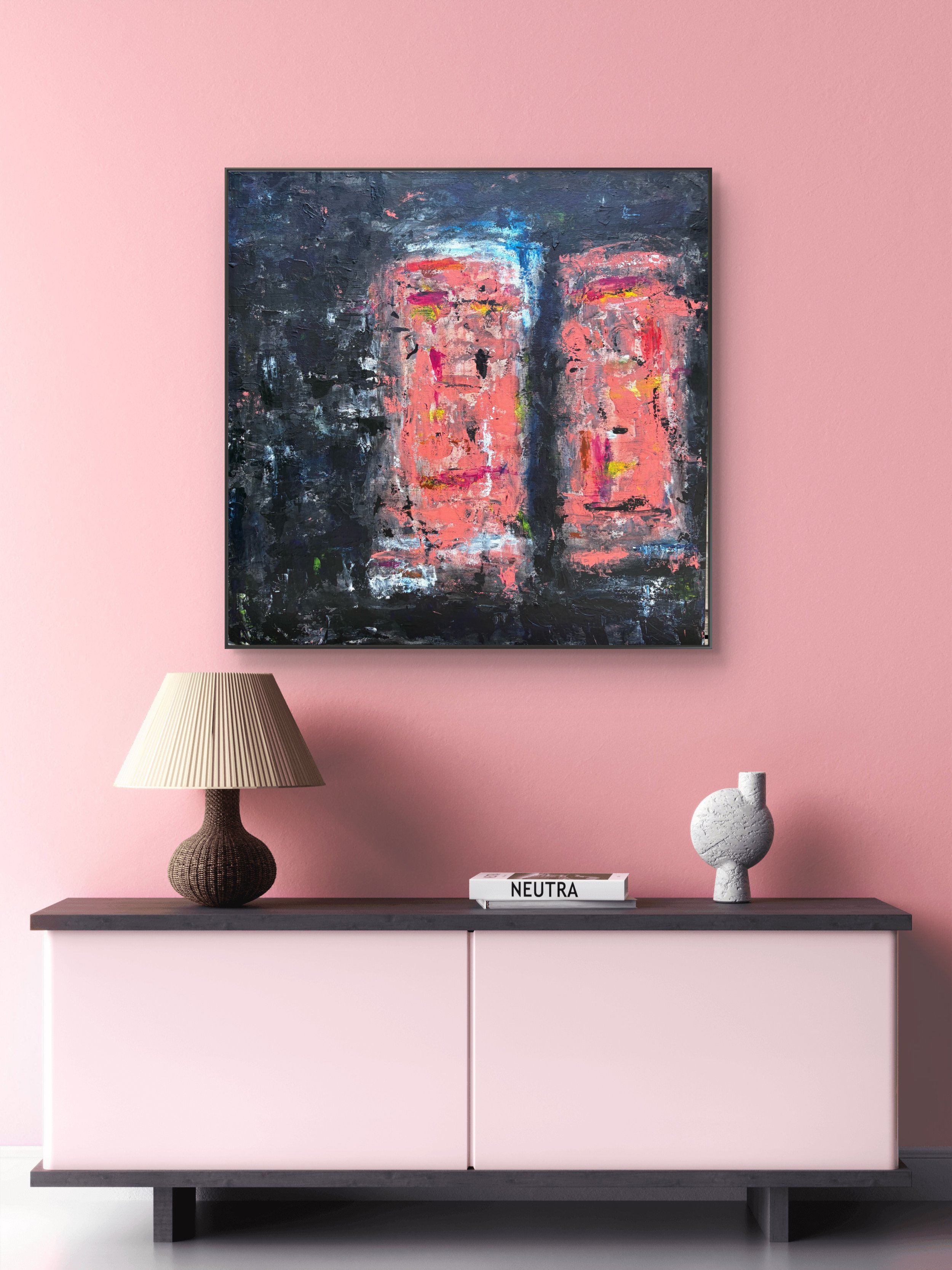 Pink, black and midnight blue abstract painting by Asmaa Harimi displayed on a Pink wall in a modern living room.