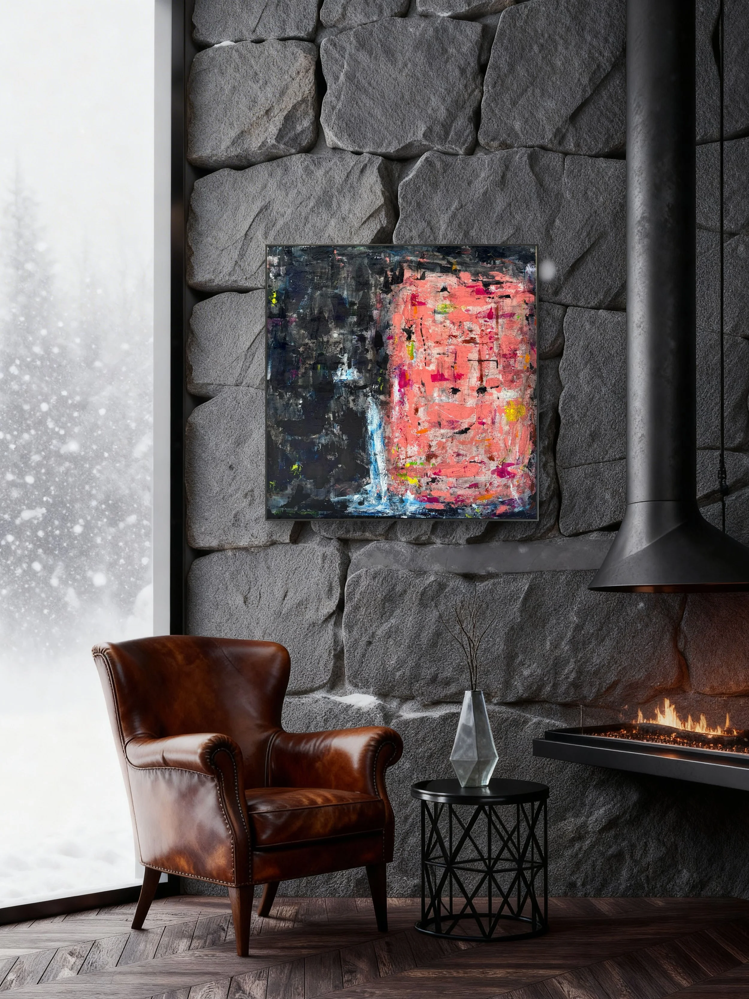 Pink, black and midnight blue abstract painting by Asmaa Harimi displayed on a stone wall beside a fireplace in a modern living room.