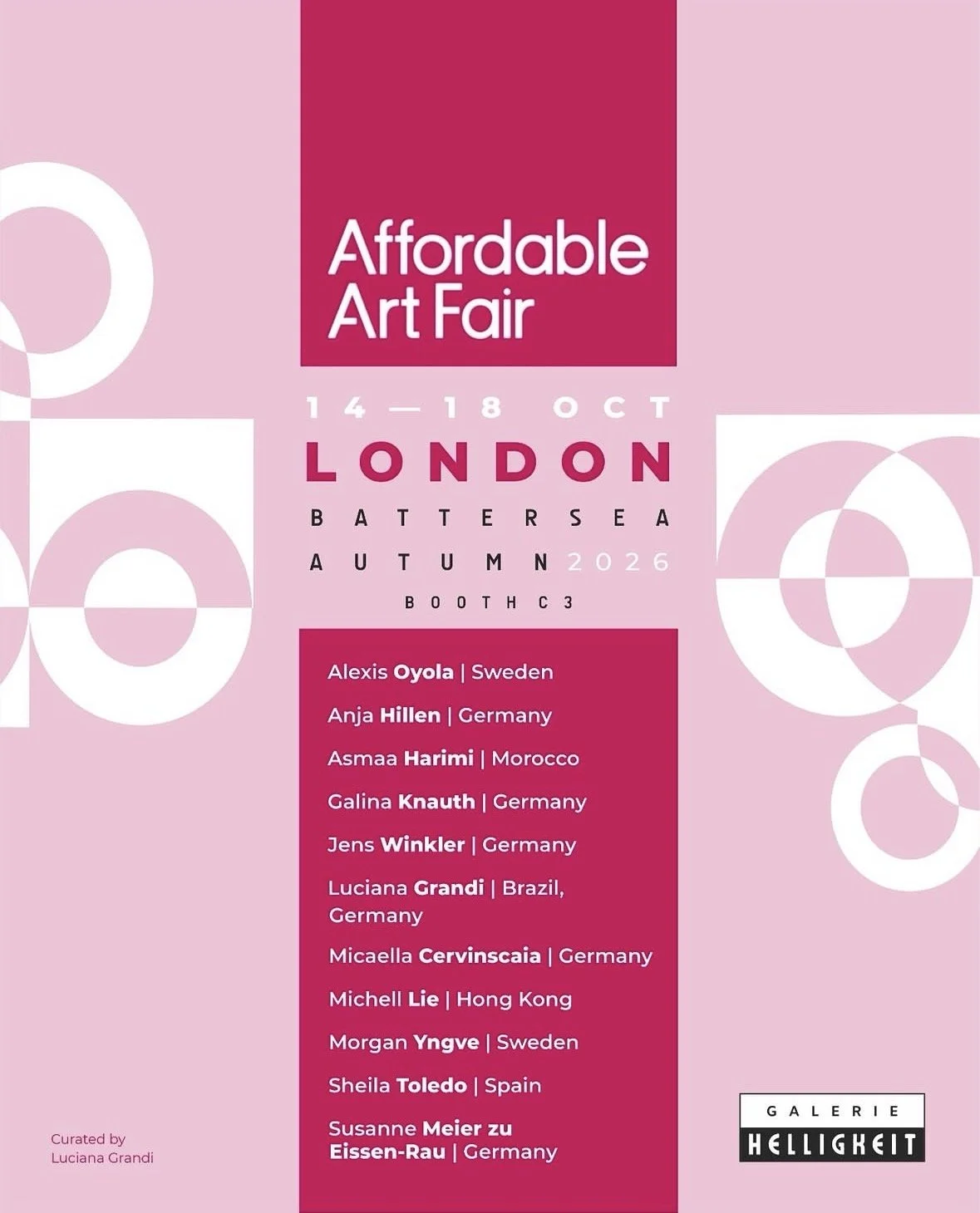 Affordable Art Fair London Battersea poster, 14–18 October 2026, featuring Asmaa Harimi among the artists exhibiting with Galerie Helligkeit.