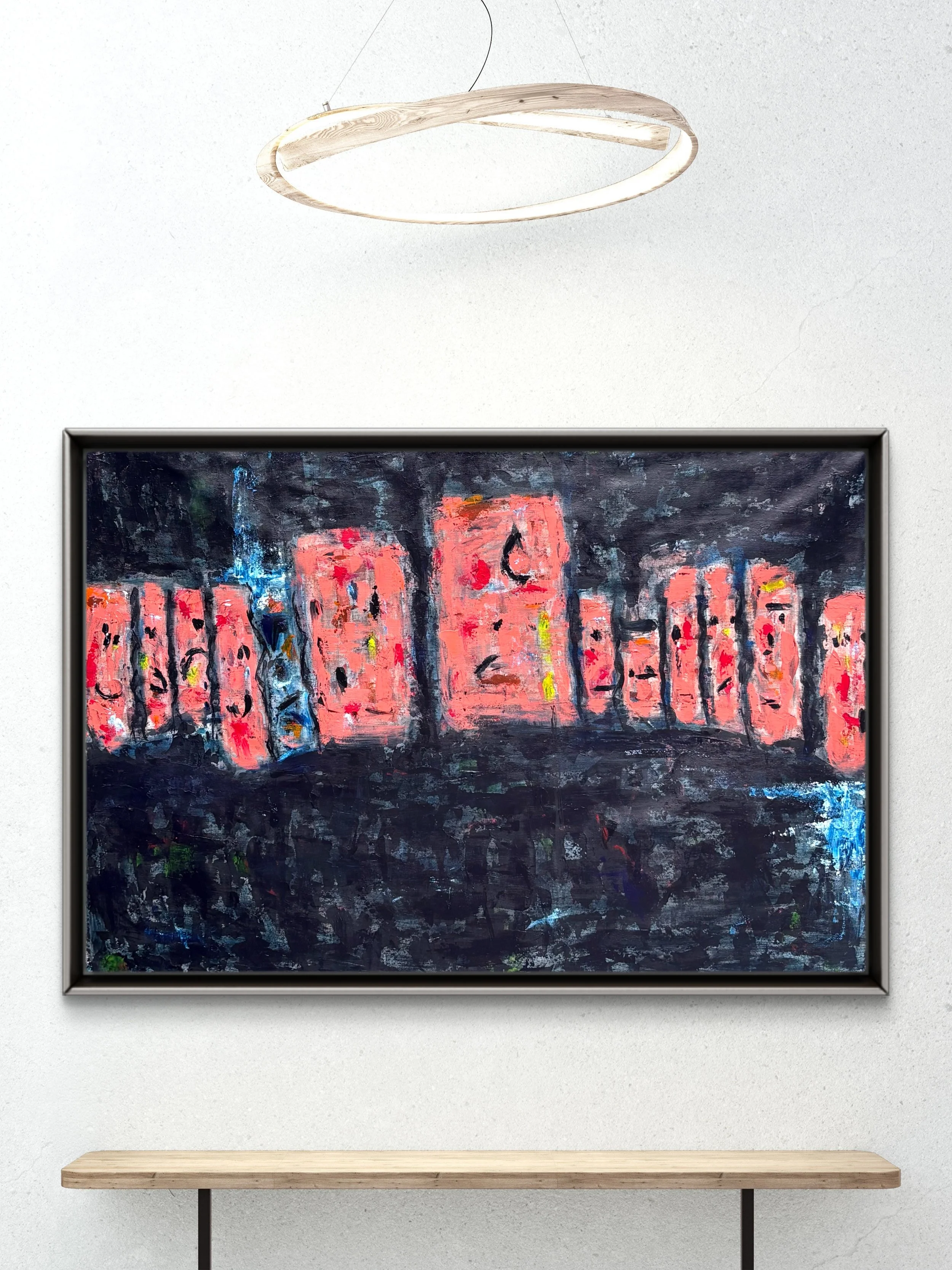 abstract painting from Asmaa Harimi’s Blackout collection displayed in an art gallery, featuring pink, black and midnight blue.