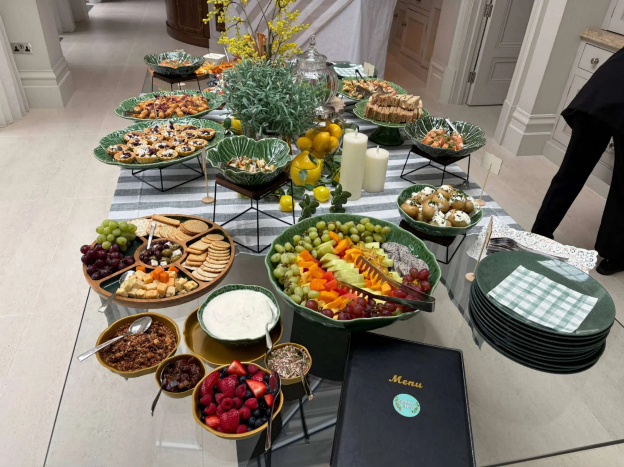 Large Greek Tings grazing buffet with fruit, cheeses, dips, canapés, salads and sharing food.
