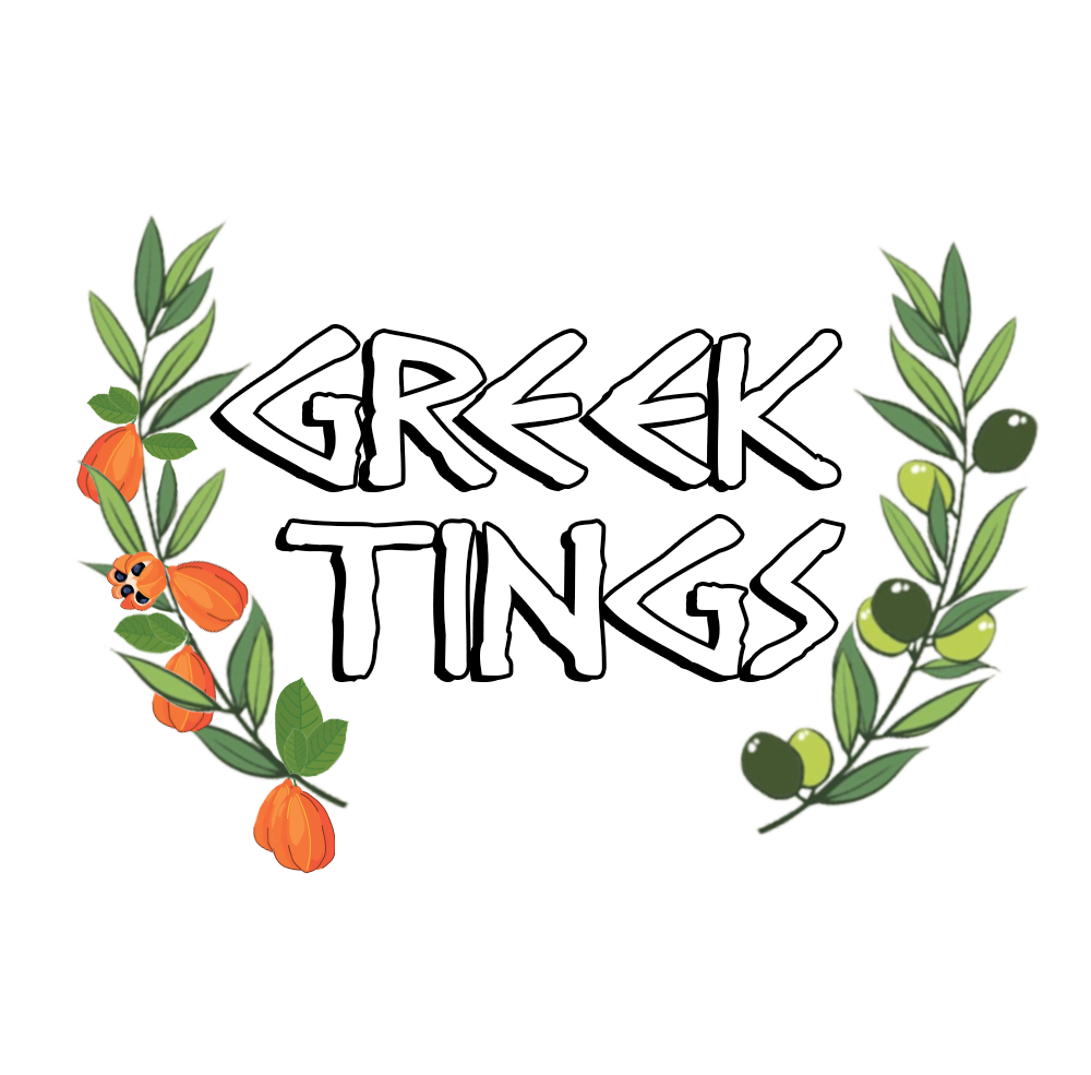 Greek Tings logo combining Jamaican ackee with Greek olive branches.
