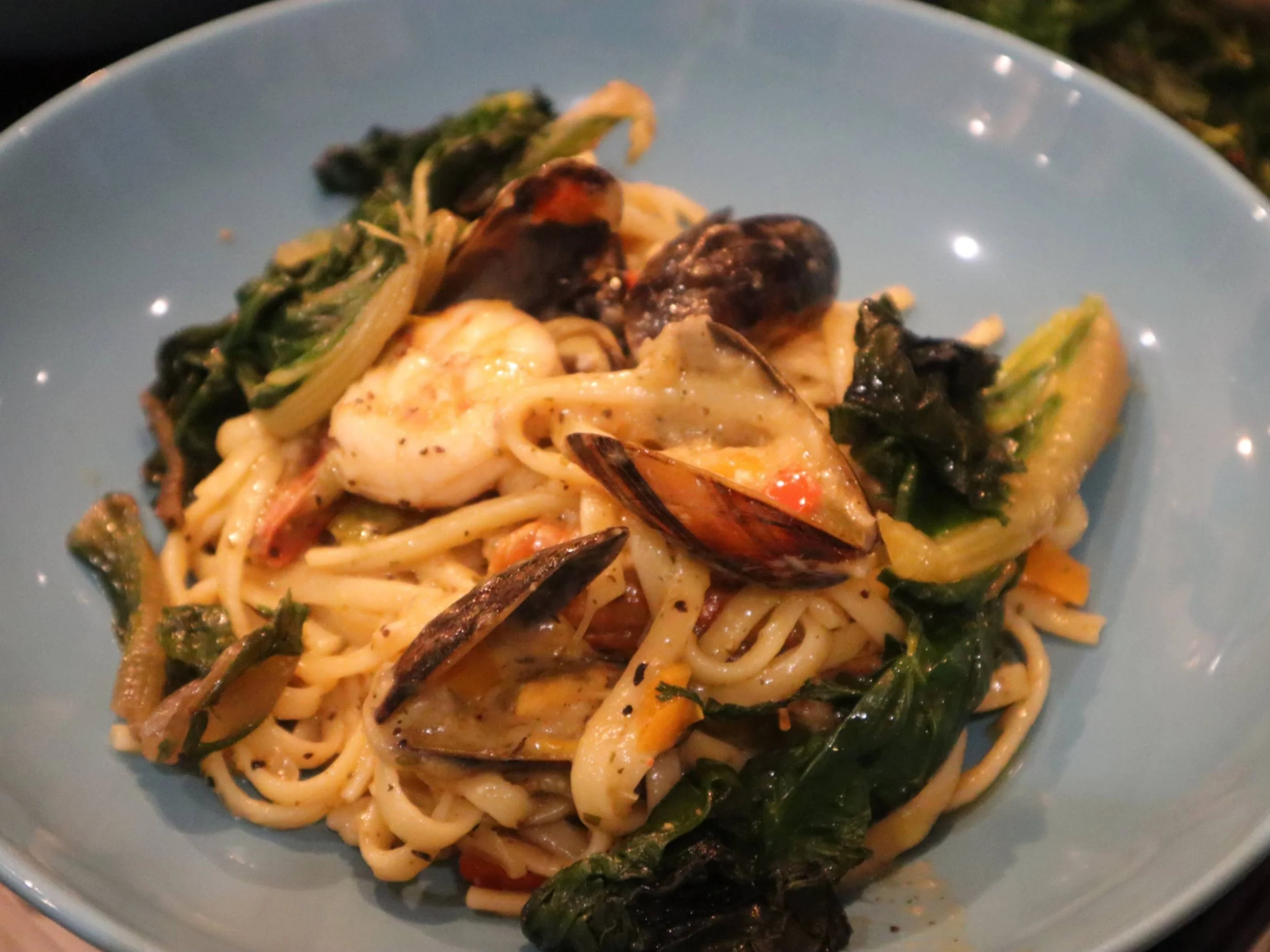 Italian seafood linguine with prawns, mussels and fresh herbs.
