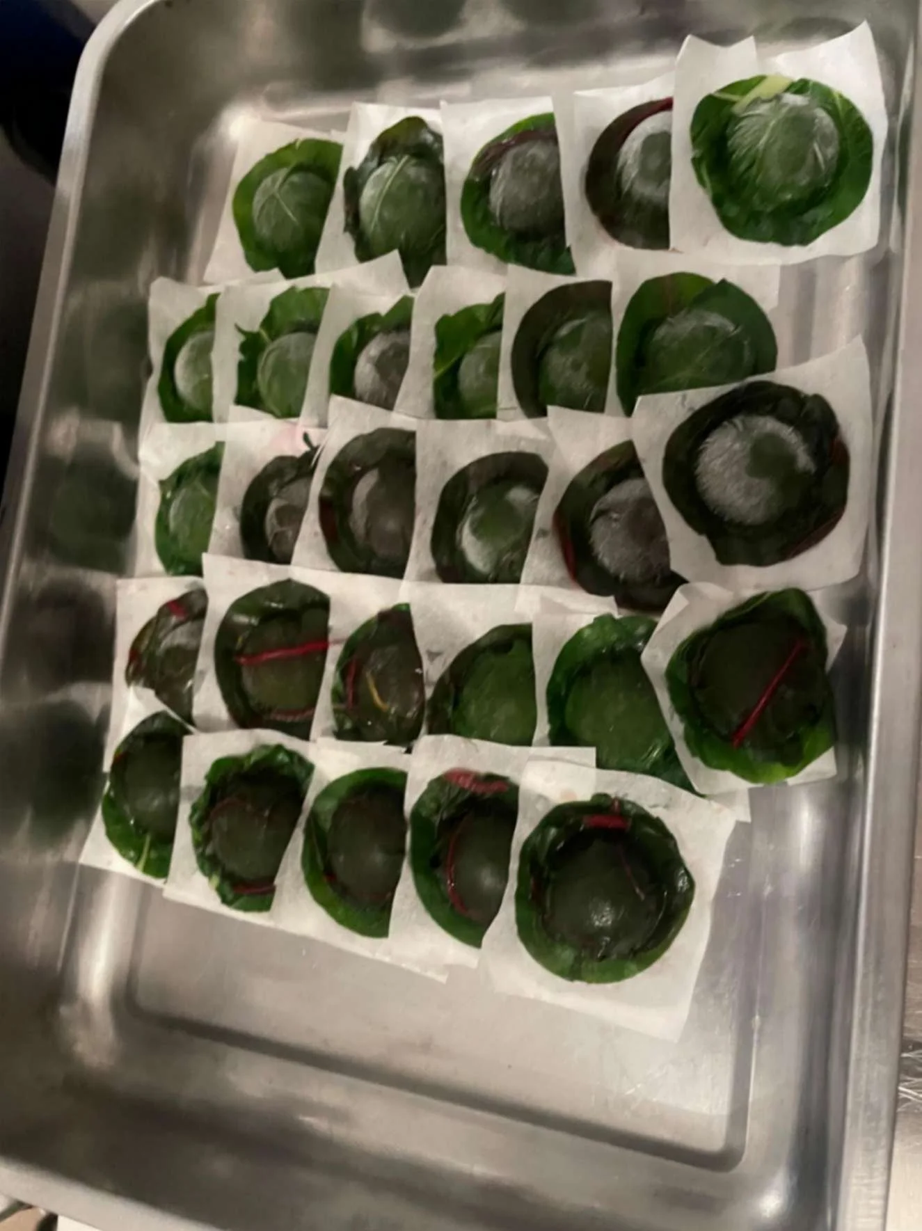Green leaf-wrapped bite-size canapés arranged on a tray for Greek Tings catering.
