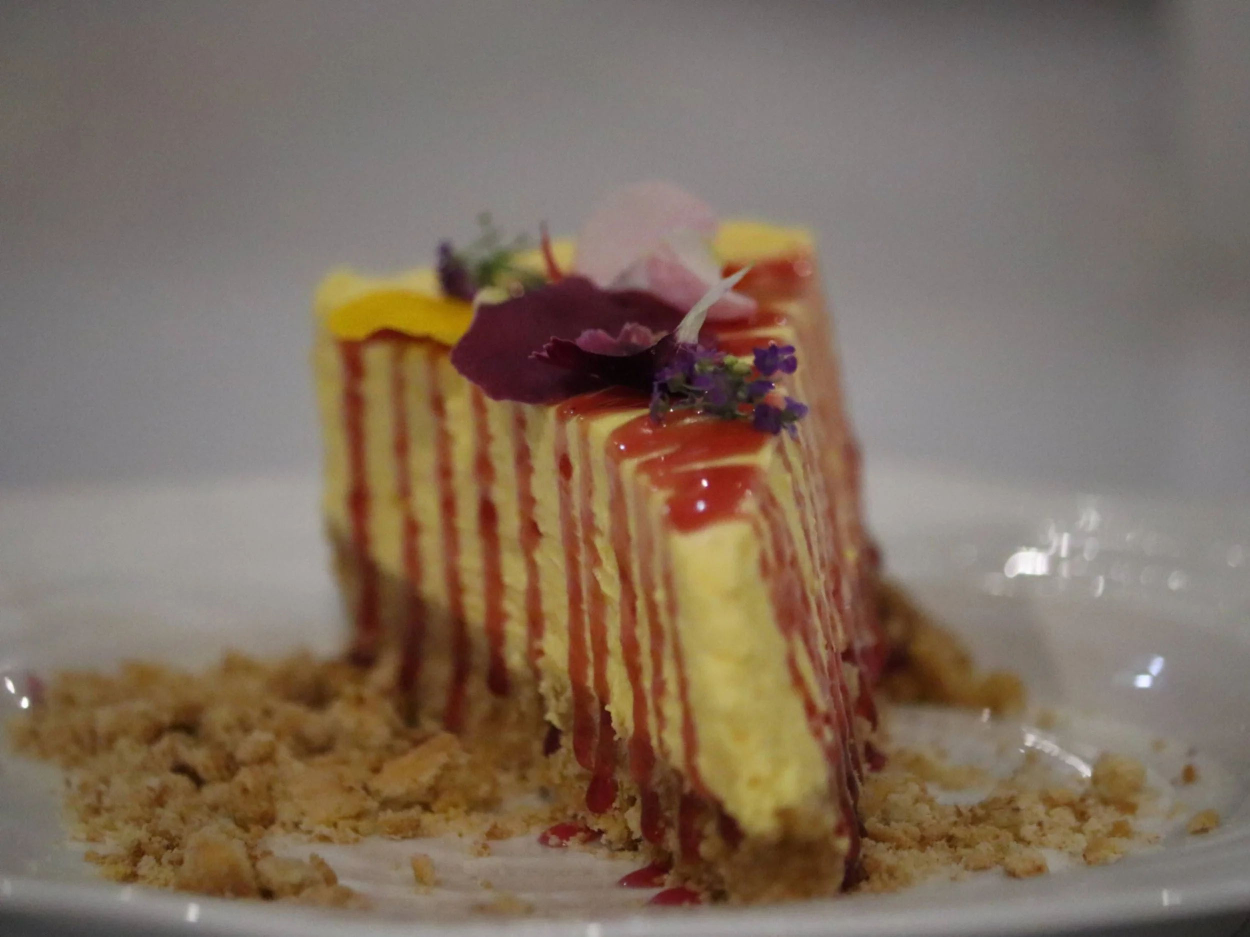  Plated cheesecake with raspberry sauce, biscuit crumb and edible flower garnish.
