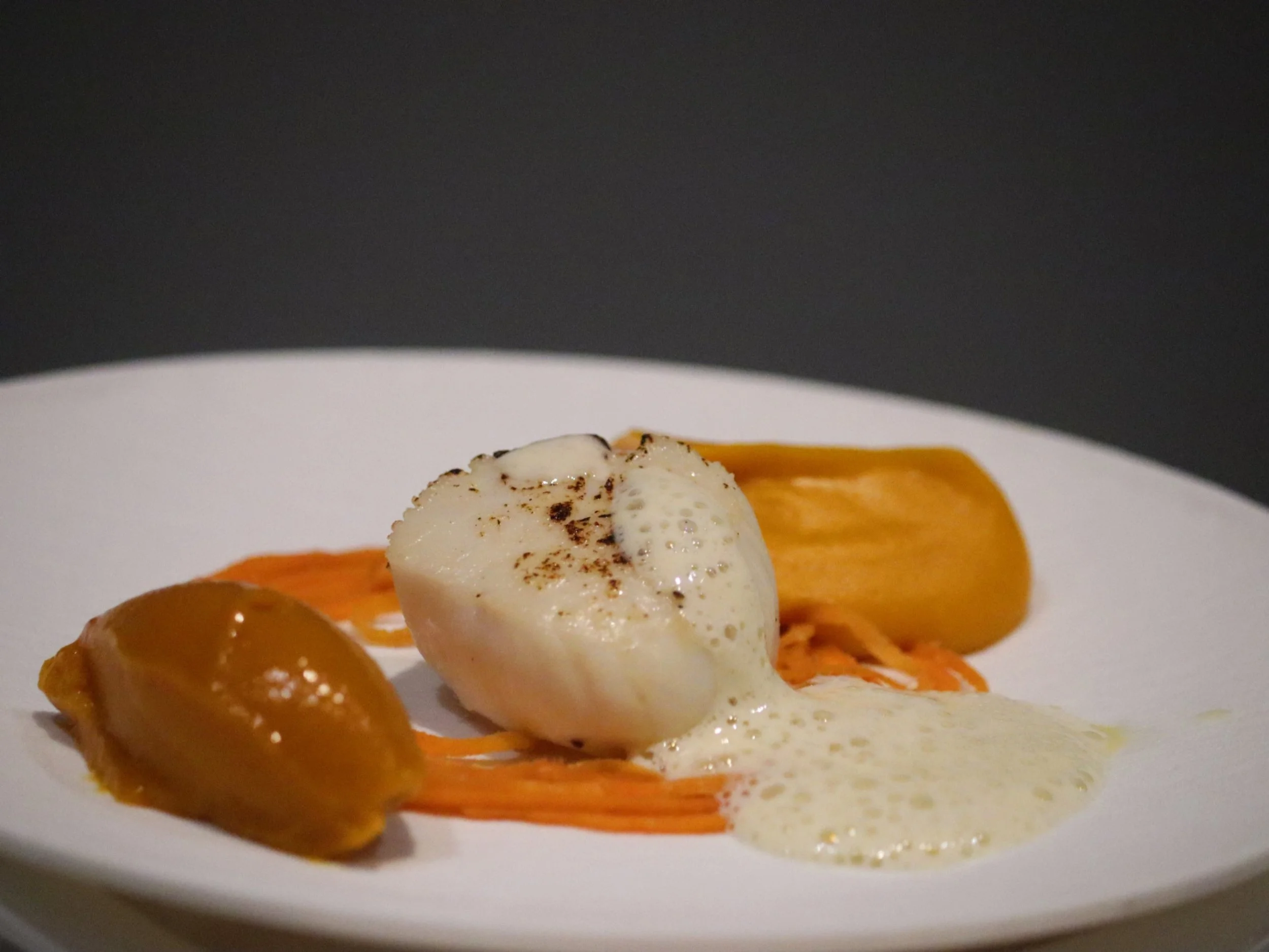 Seared scallop with orange purée, caramelised garnish and light foam.
