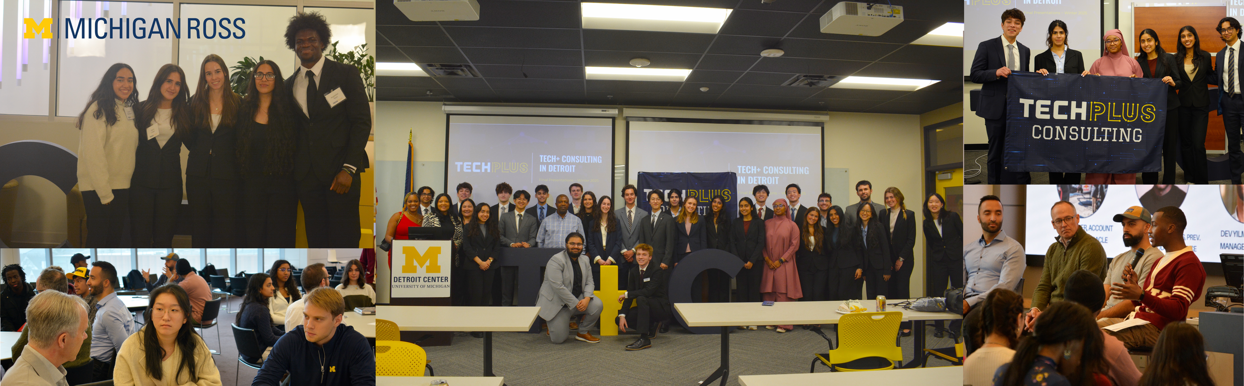 Group photo of students and professionals at a TechPlus event in Detroit, including a stage with a large group of people, some holding a banner, and a classroom setting with attendees.