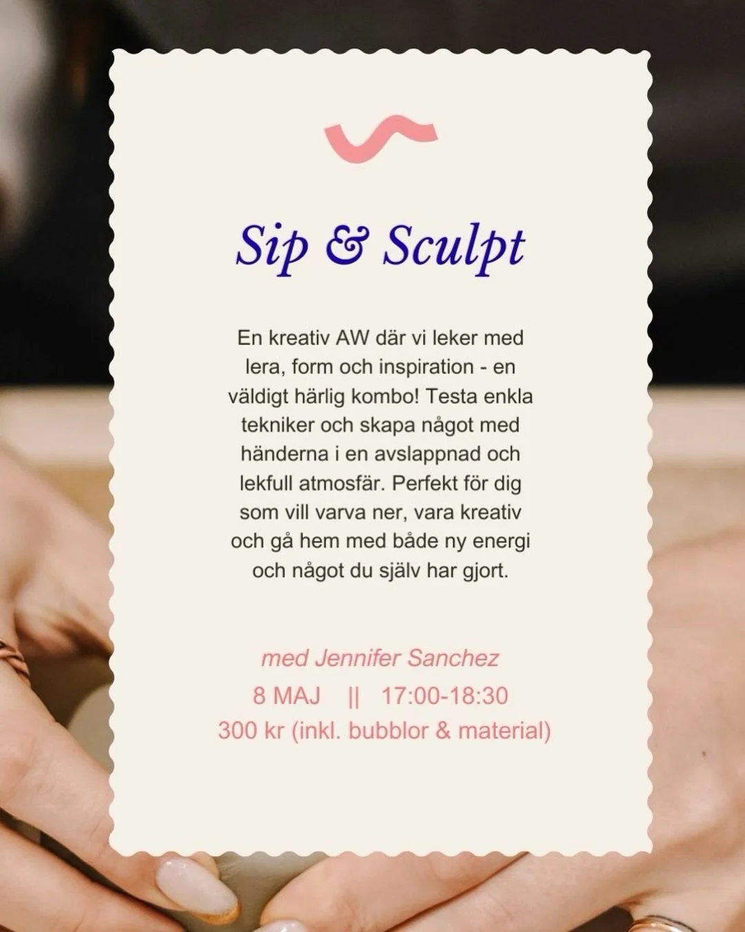 En kreativ AW d&auml;r vi leker med lera, form och inspiration - en v&auml;ldigt h&auml;rlig kombo! 

Testa enkla tekniker och skapa n&aring;got med h&auml;nderna i en avslappnad och lekfull atmosf&auml;r. Perfekt f&ouml;r dig som vill varva ner, var