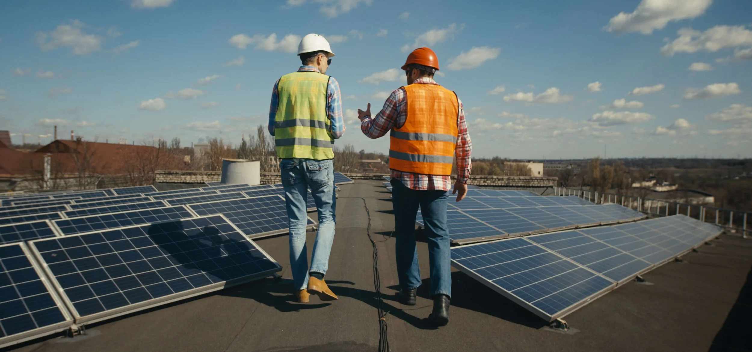 two men on roof discussing customer options