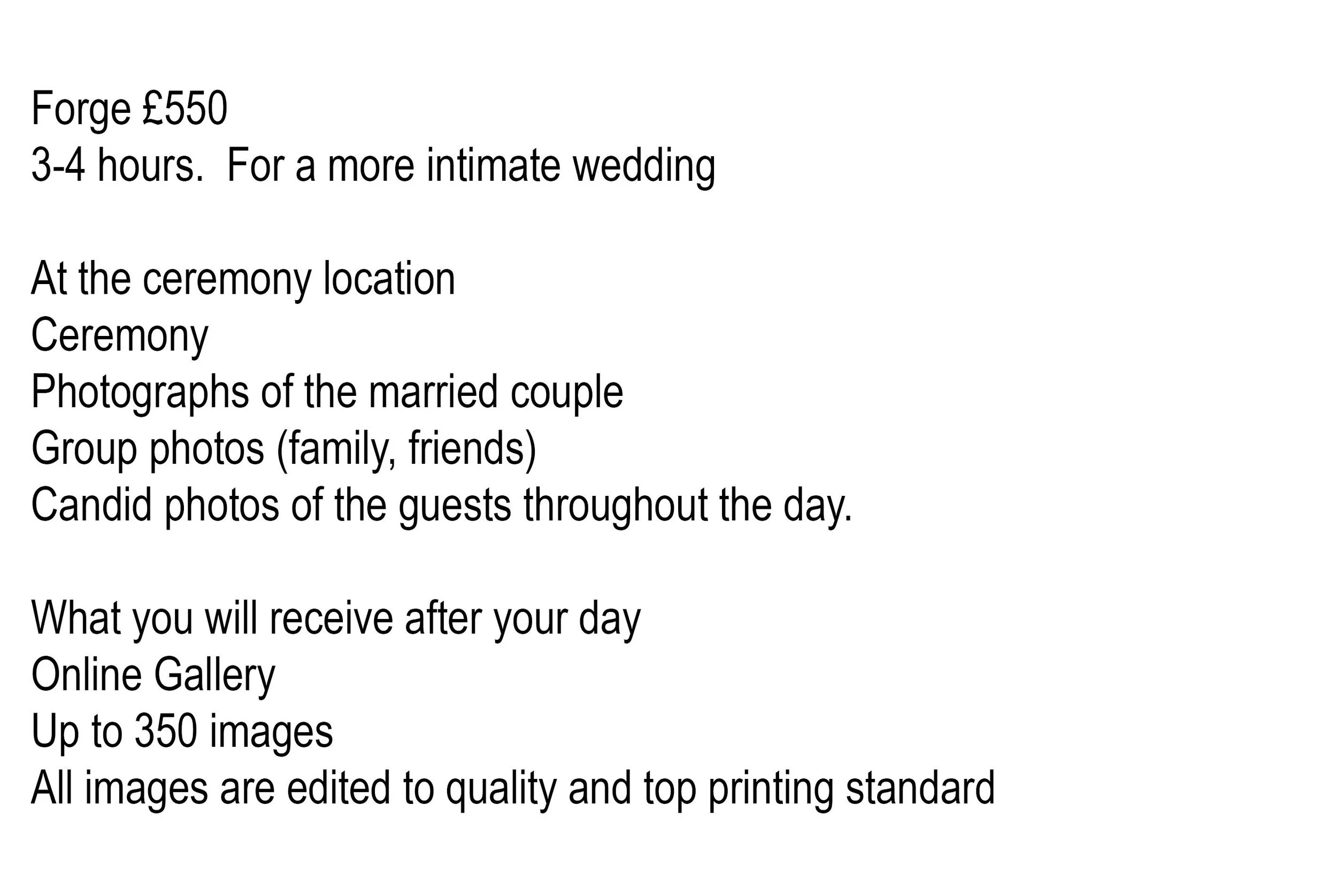 Advertisement for wedding photography services, pricing £550, 3-4 hour coverage, available at ceremony location, includes photographs of the couple, group photos, candid guest photos, online gallery with up to 350 images, all edited for quality.