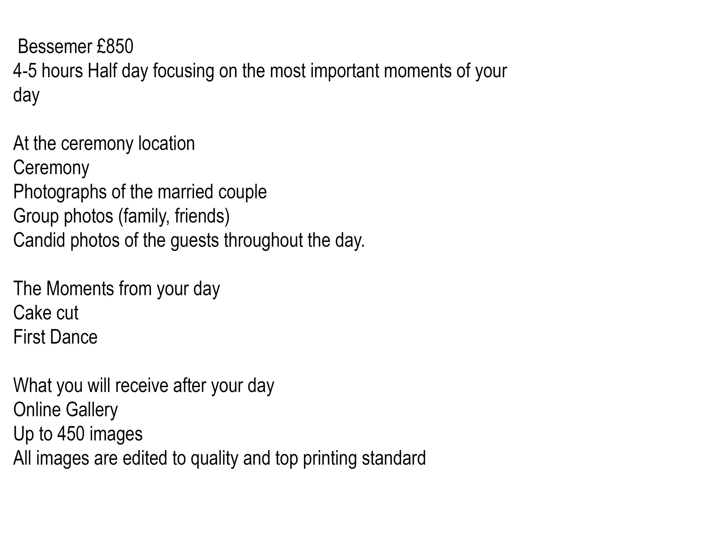 A text flyer describing wedding photography pricing and services, including ceremony photographs, group photos, candid shots, and after-event image gallery, with details about the package cost and inclusions.