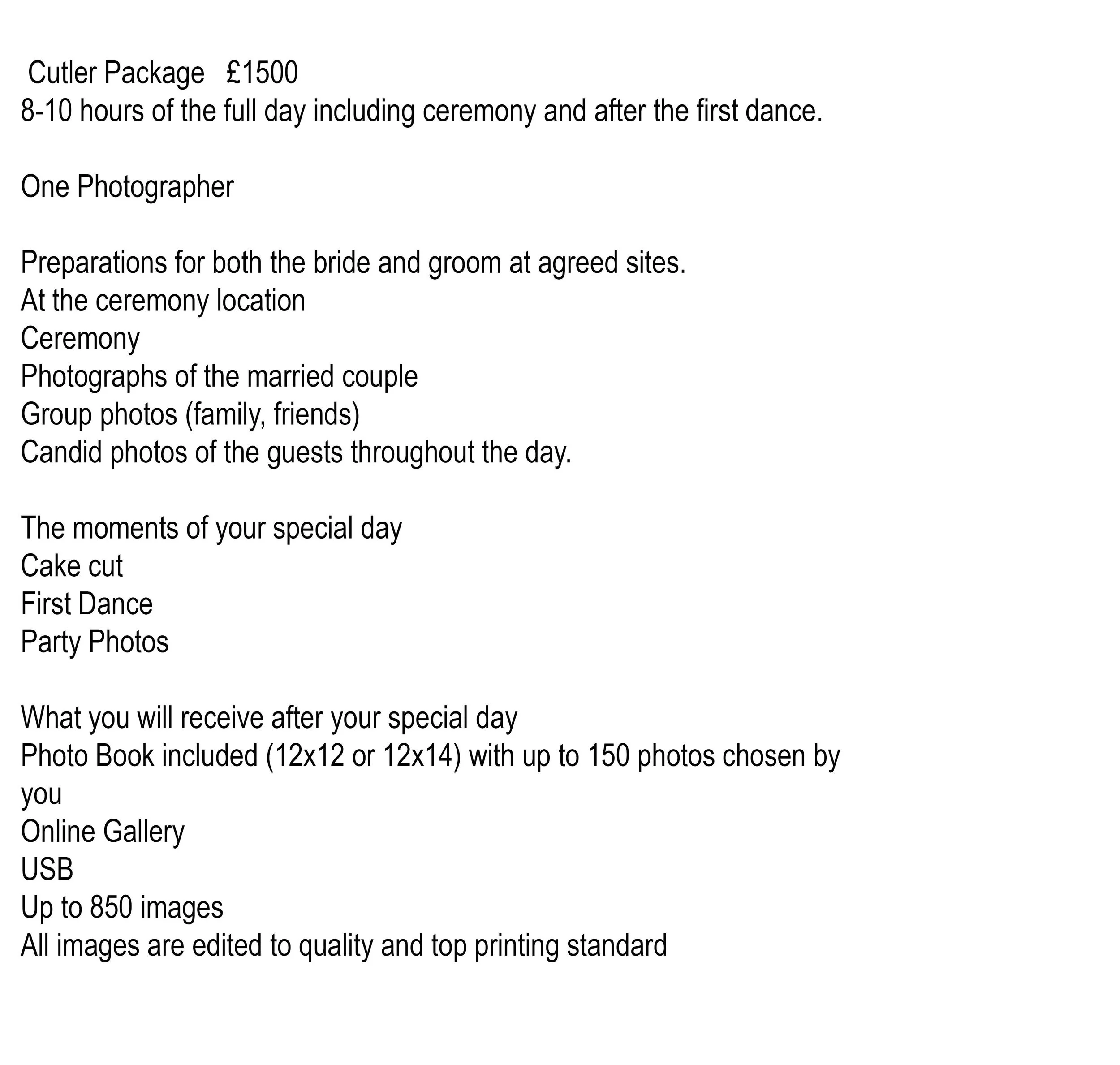 List describing a wedding photography package, including services such as ceremony coverage, group photos, candid shots, and post-event photo book.