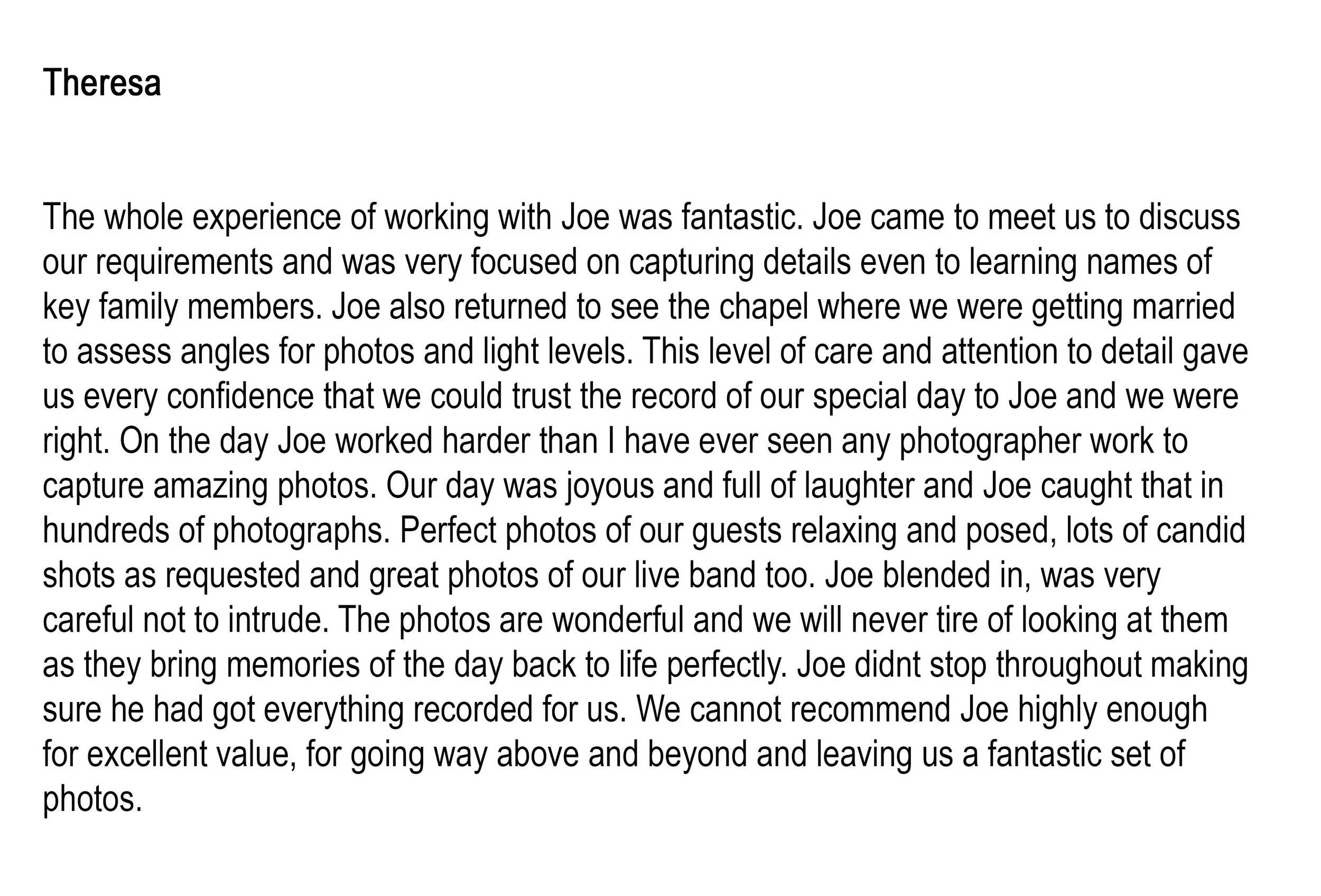 Letter of appreciation praising photographer Joe for capturing memorable wedding photos, including candid shots of guests and a live band, highlighting his attention to detail and dedication.