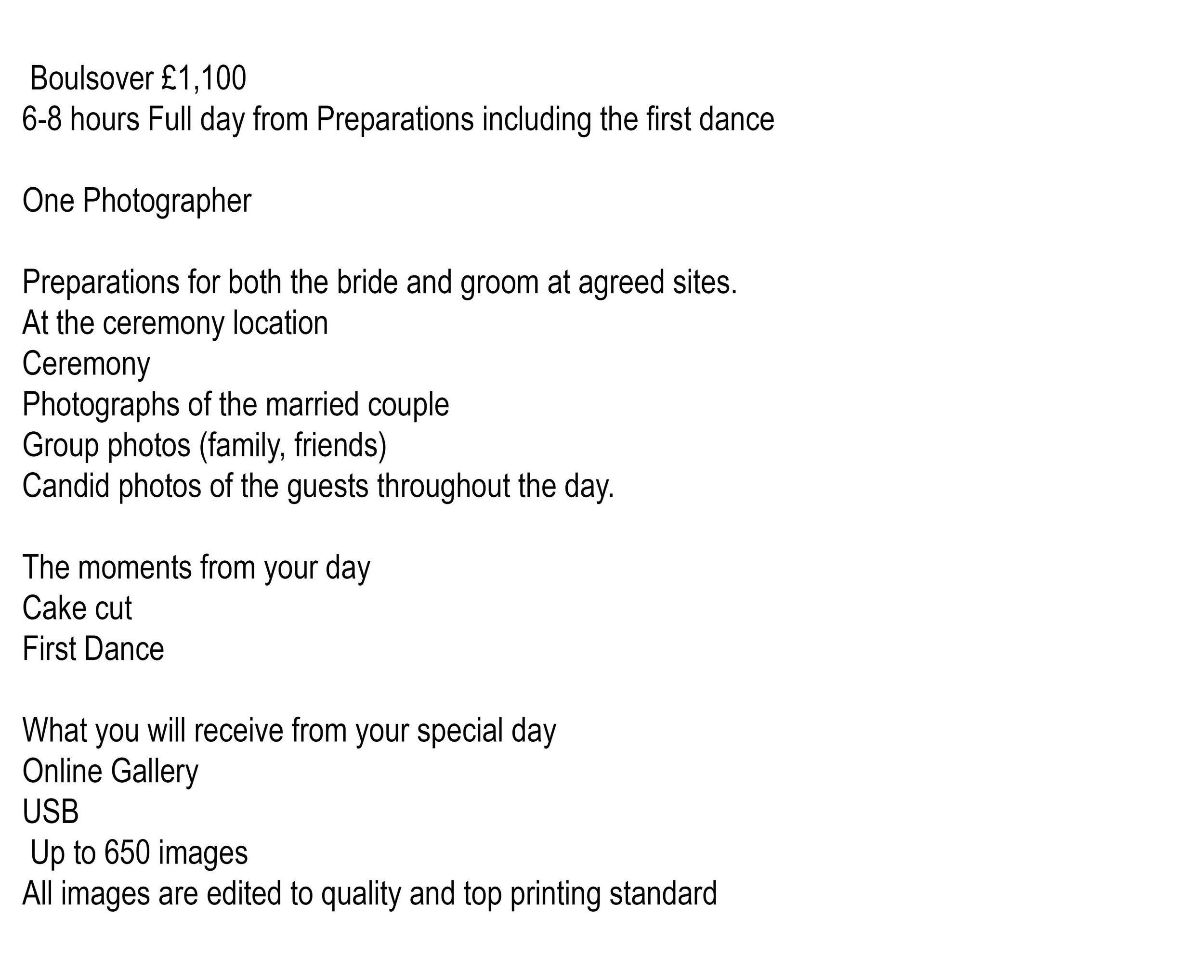 Text listing photography and event services for wedding preparation, ceremony, and reception, including details about the photographer, types of photos, and delivery methods.