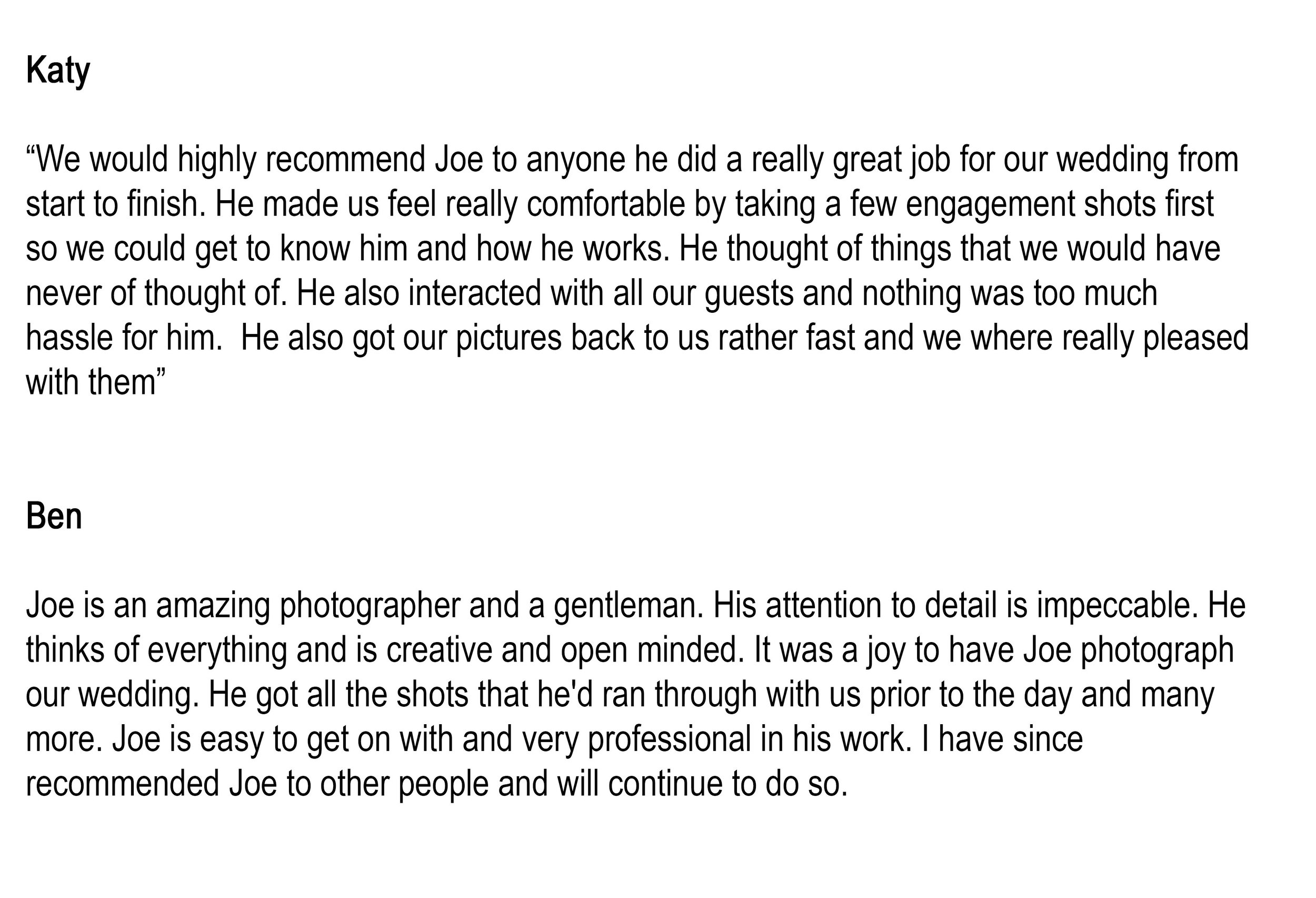 Customer feedback with reviews praising photographer Joe for his professionalism, creativity, and camera skills for a wedding.