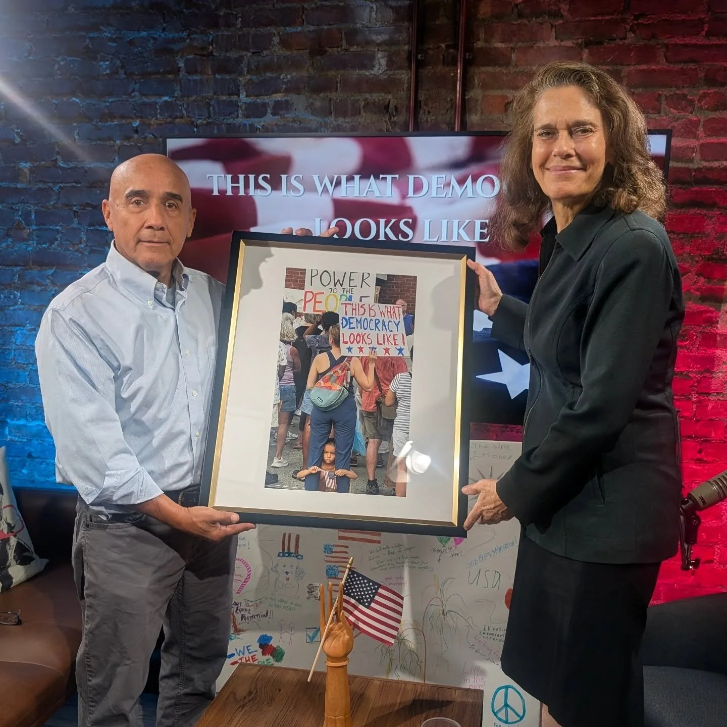 A joy to have 'Democracy I' acquired by Ms. Radow of @lwv_larchmtmamk The picture was one of many artworks presented, at the recent event at @palmer_art_inc with @mamaroneckartistsguild celebrating the meaning of 'This is What Democracy Looks Like'