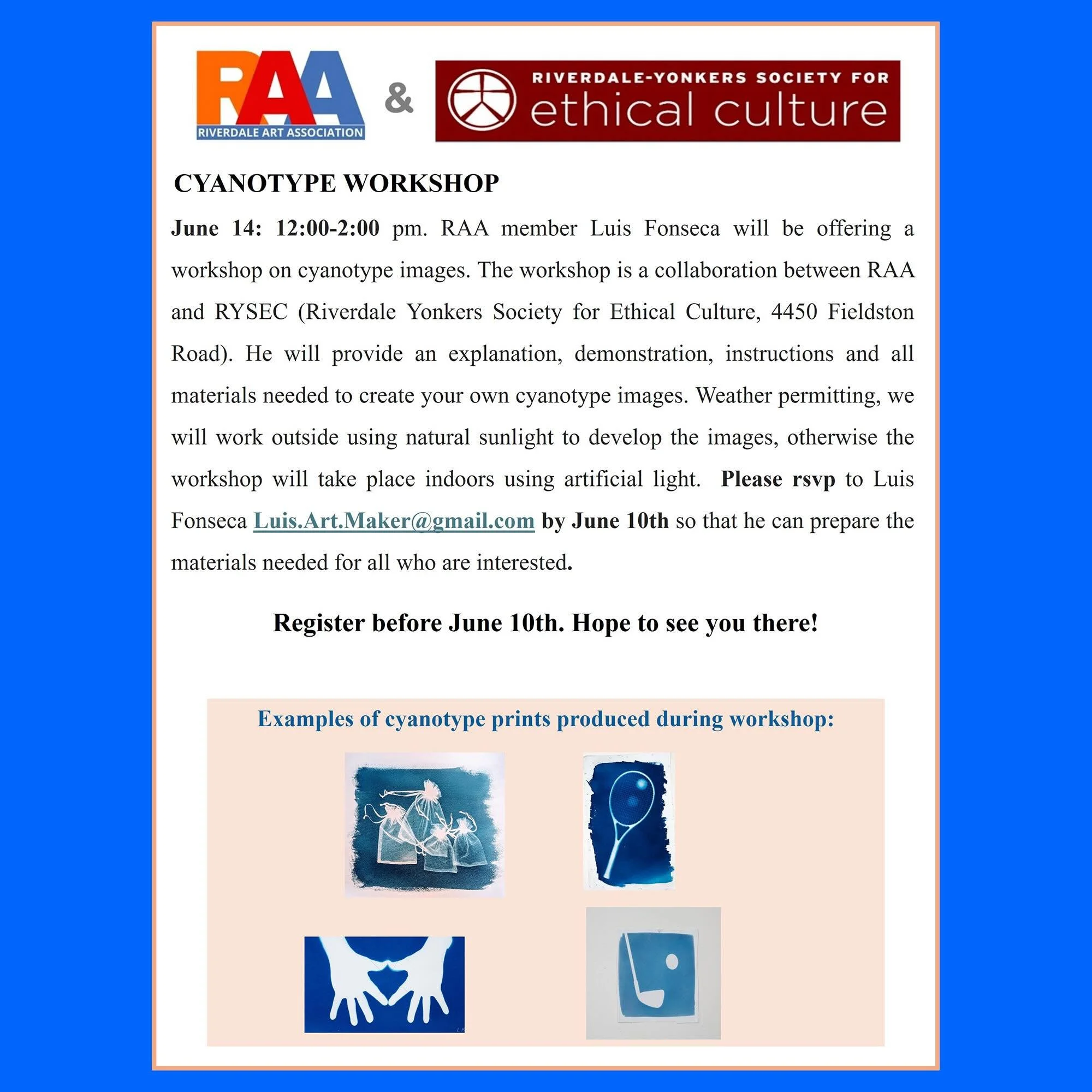 @riverdale_art_association in Collaboration with @bronxethics 

are hosting my cyanotype making workshop this coming 

Sunday June 14th.  12-2pm. 

I hope you can make it.  It tends to be fun and yes educational. 

This event is relatively close to h
