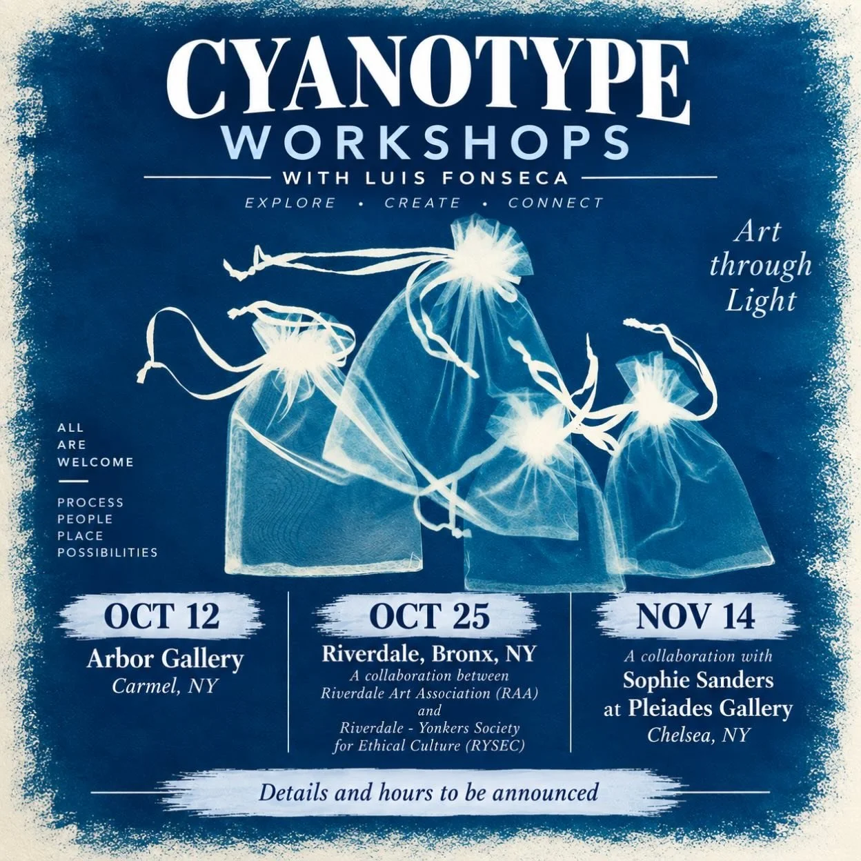 Save the Date.  I am very  happy to announce 3 cyanotype  workshop dates for this fall.  3 Different locations.  3 Different workshops. Join one join all 3. 

Oct 12th.  @arbor.gallery Carmel, NY
Oct 25th.  @riverdale_art_association &amp; @bronxethi