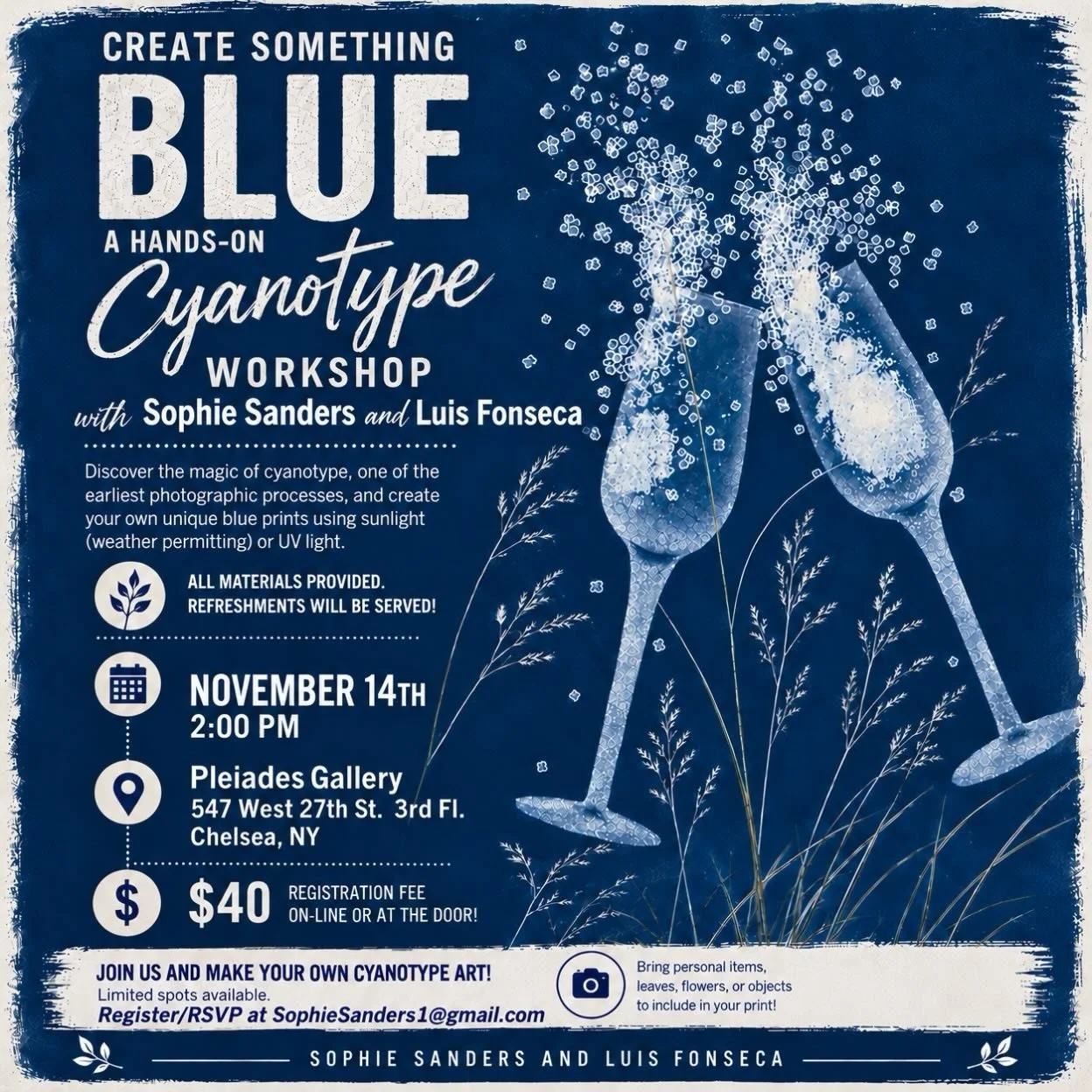 Join @sanderssophie and me in a collaborative cyanotype workshop at @pleiades_gallery November 14th 2pm. 

Fee$40. Register/RSVP Sophie at SophieSanders1@gmail.com

Sophie a multidisciplinary artist and is having a solo exhibit &lsquo;The Perfect Hue