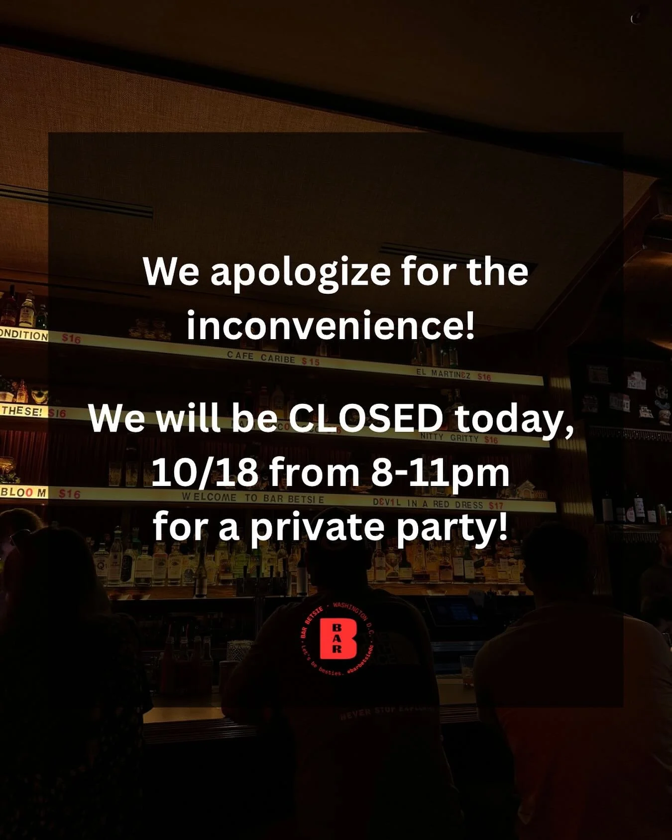 We will be closed today, from 8pm-11pm for a private party. We will see you again after 11pm! β¨
Interested in hosting your own party? Reach out to us at hello@barbetsiedc.com π
Bar Betsie Washington DC. DC cocktail lounge. Bar near Union Market DC
