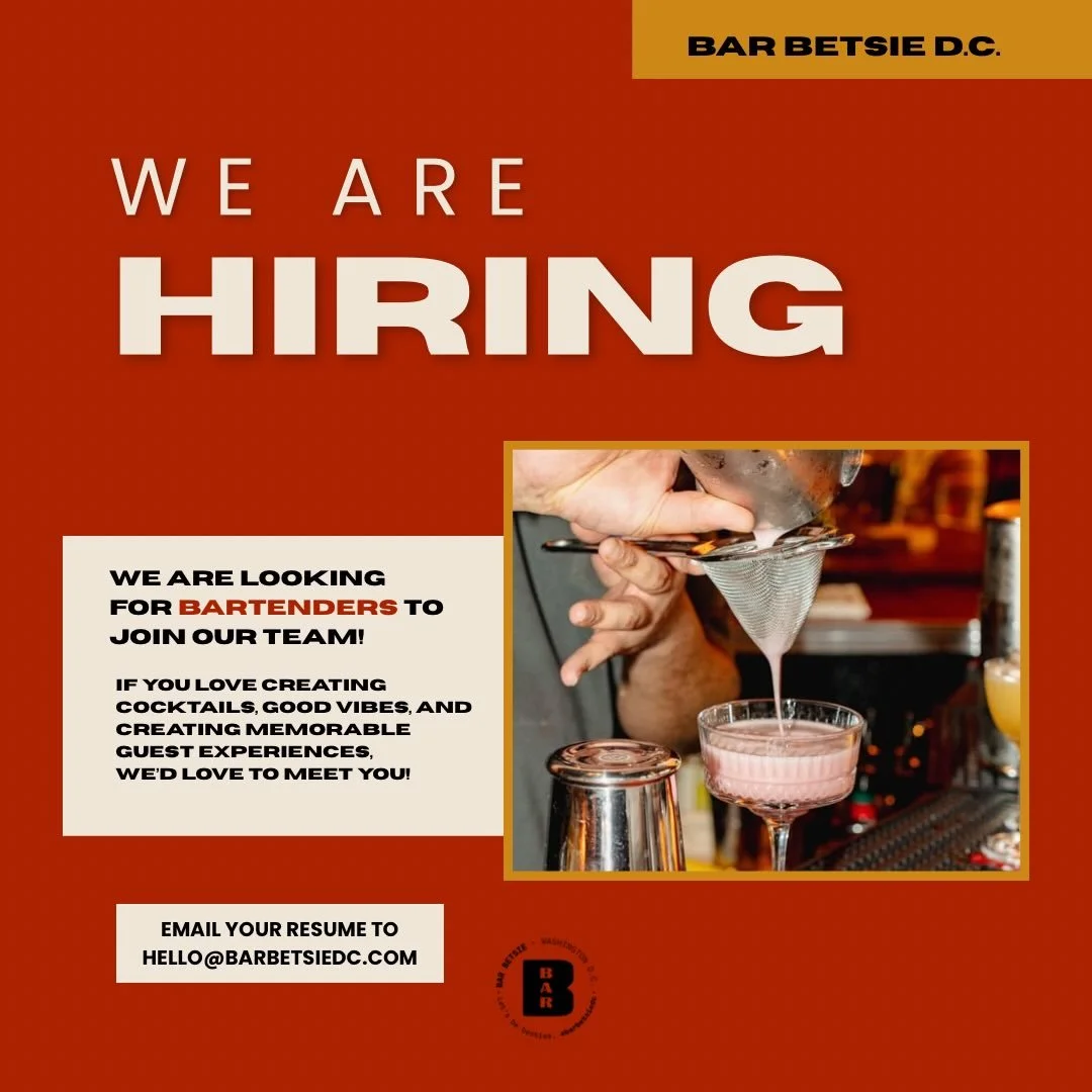 We&rsquo;re looking for Bartenders to join our team! If you&rsquo;re passionate about crafting cocktails and creating a fun experience for guests email us your resume to hello@barbetsiedc.com . 

📍Bar Betsie, Washington, D.C.
#hiring #washingtondc