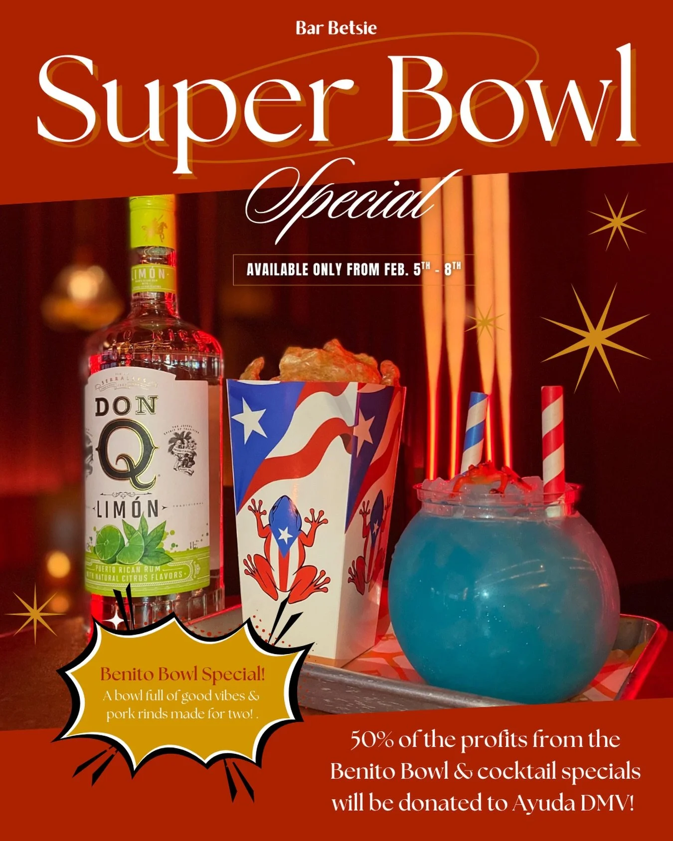 Snack, sip, and score with our Benito Bowl made for two! 🇵🇷🏈 Enjoy our Benito Bowl special starting Today, 2/5 until Sunday, 2/8. Also, 50% of the profits from the Benito Bowl &amp; cocktail specials will be donated to @ayuda_dmv ! ❤️

📍Washingto
