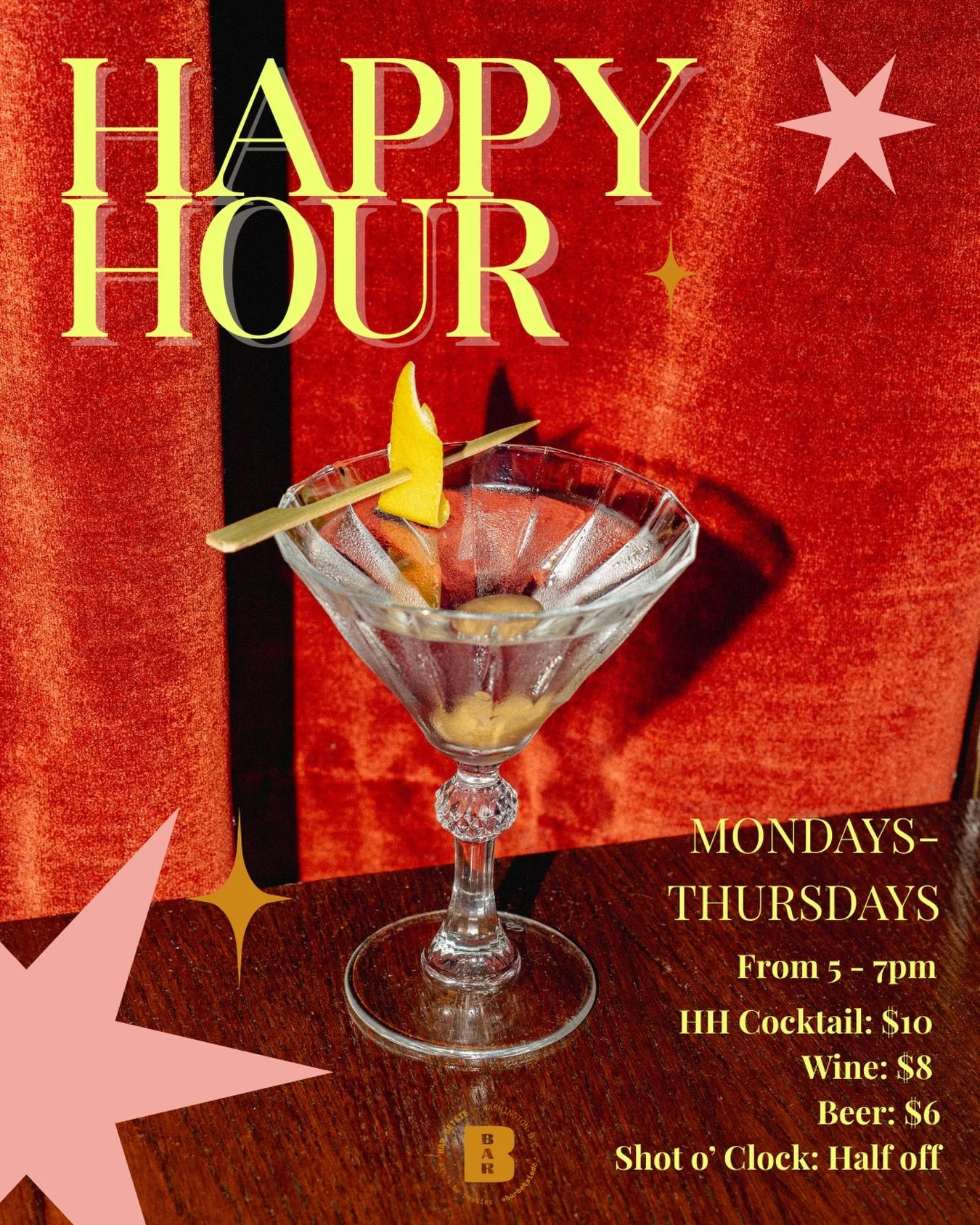 The happiest hours? Right here, at Bar Betsie. &hearts;️ Grab your crew, grab a drink, and let&rsquo;s make your weekday legendary.

⏰Mon-Thu: 5-7pm 
📍Washington, D.C.