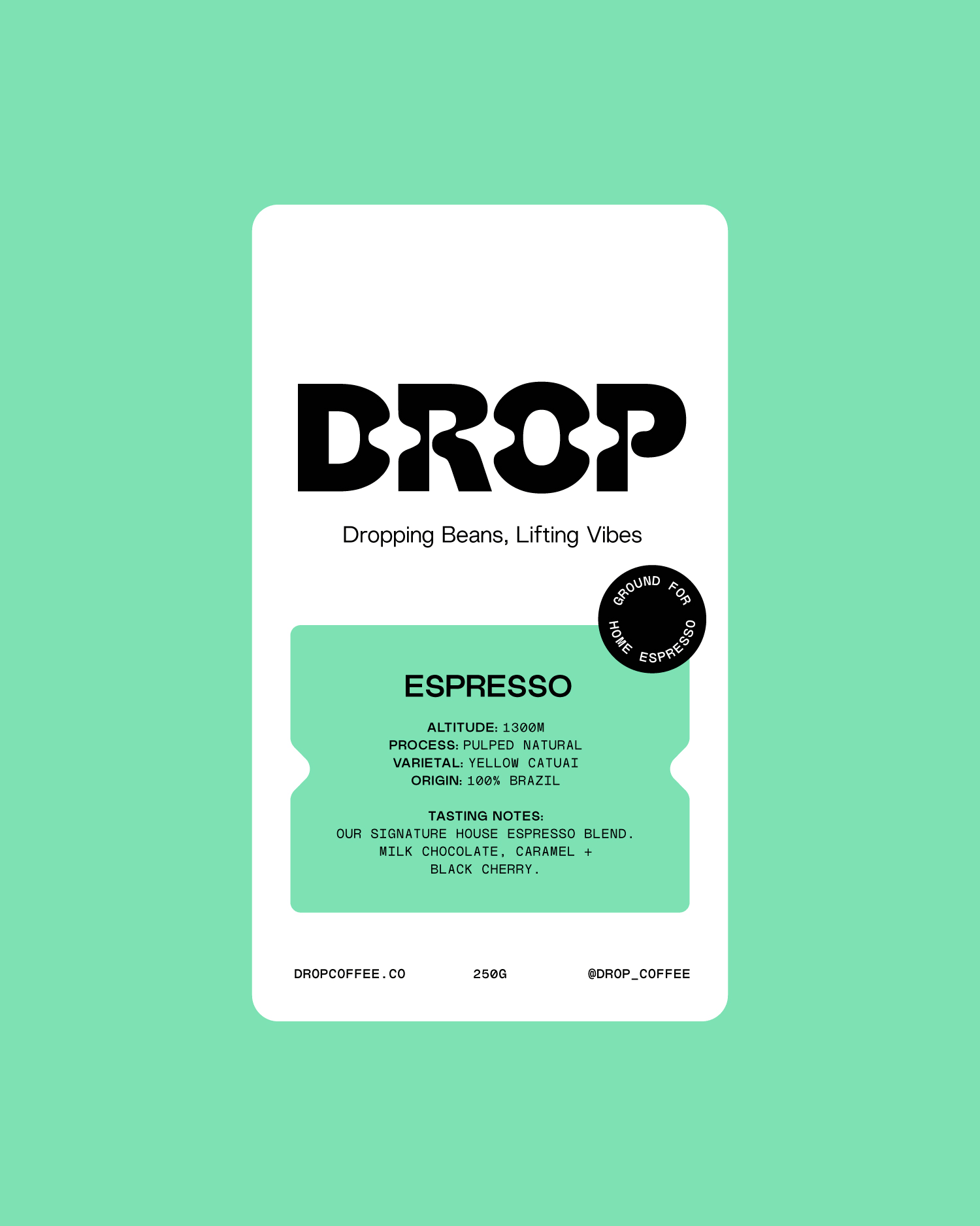 Packaging label for Drop Coffee featuring an espresso blend, with details about origin, altitude, process, and tasting notes on a light green background.