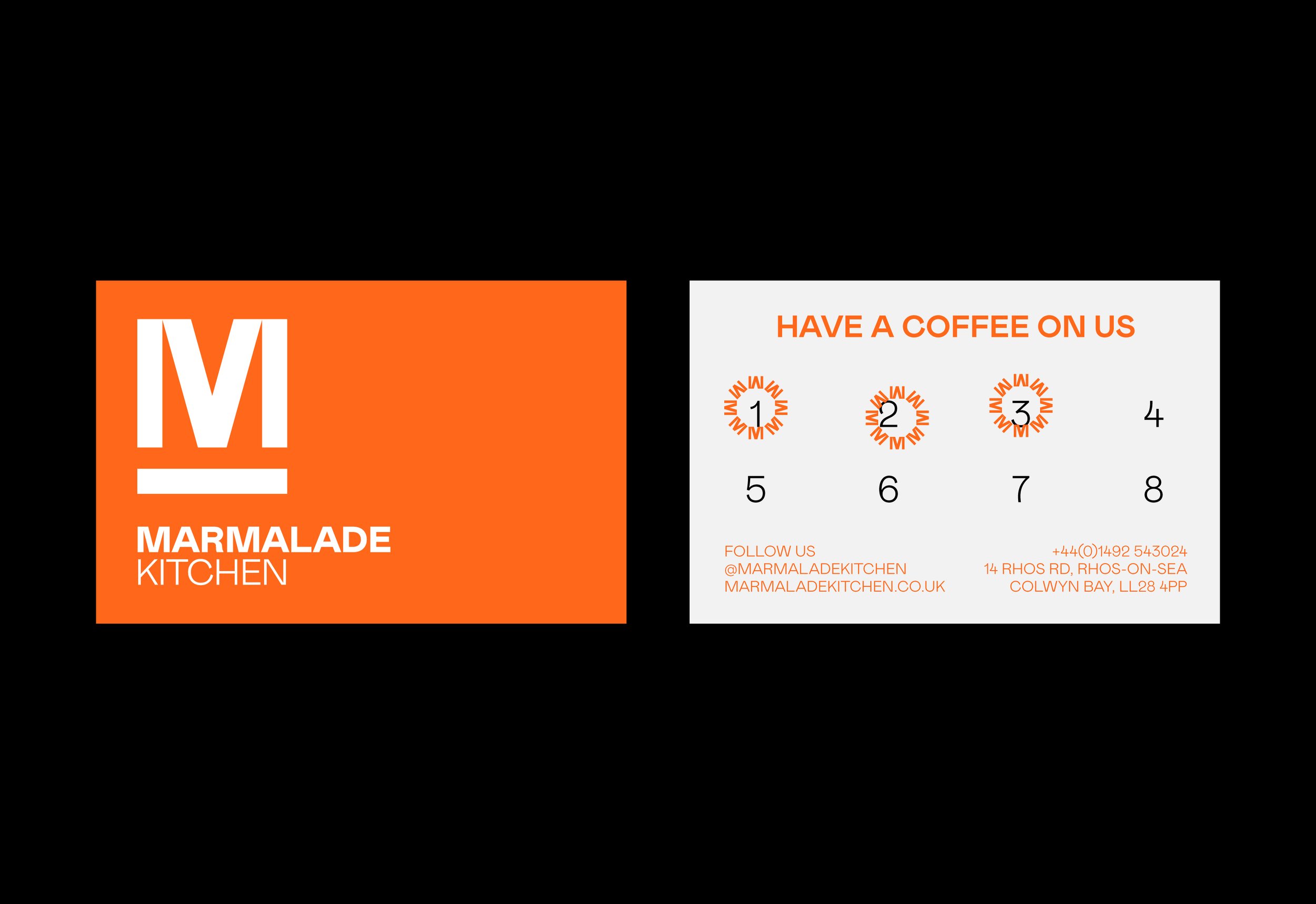 A business card for Marmalade Kitchen with a bright orange background and white text, featuring the company's logo and name on the left, and a phone number, address, and social media handle on the right, with a white background and orange accents.