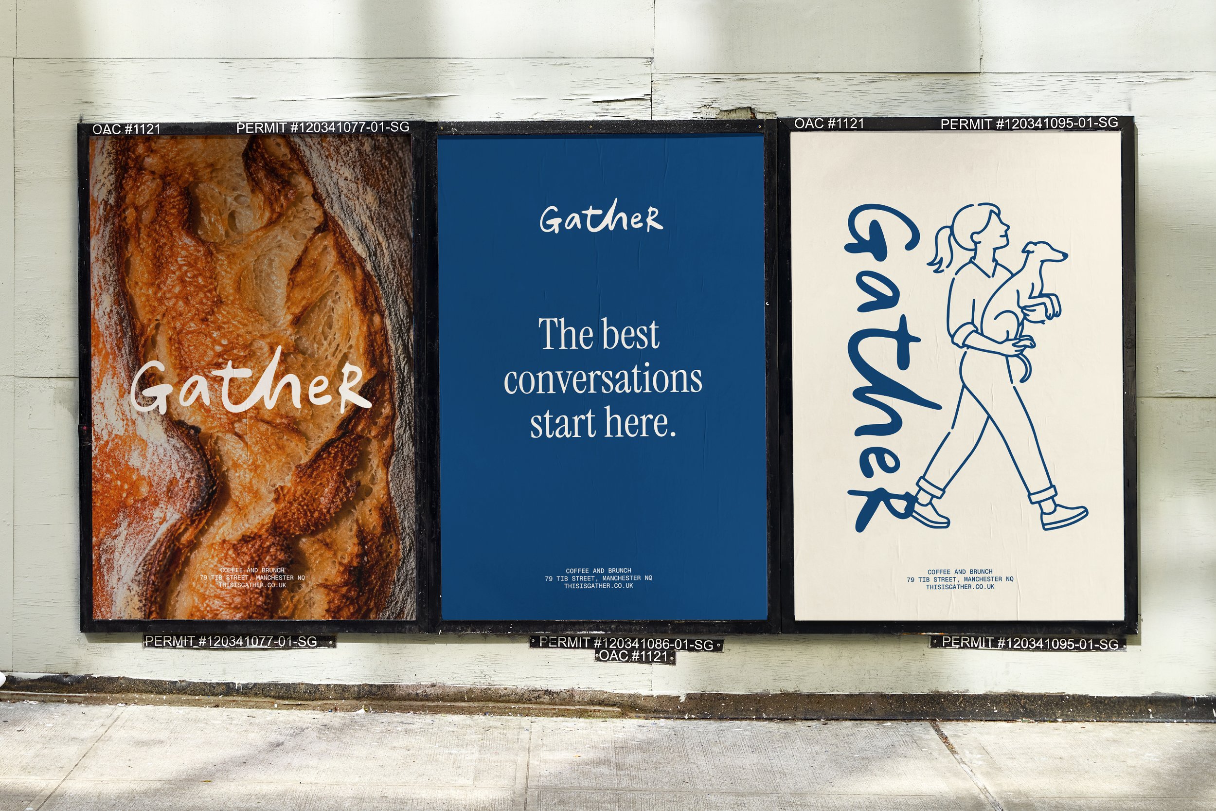Three promotional posters on a wall. The left poster features a close-up of a pastry, with the word "Gather" written across it. The middle poster has a blue background with text that says "Gather, The best conversations start here". The right poster shows an outline of a woman walking a dog with the word "Gather" written vertically alongside.