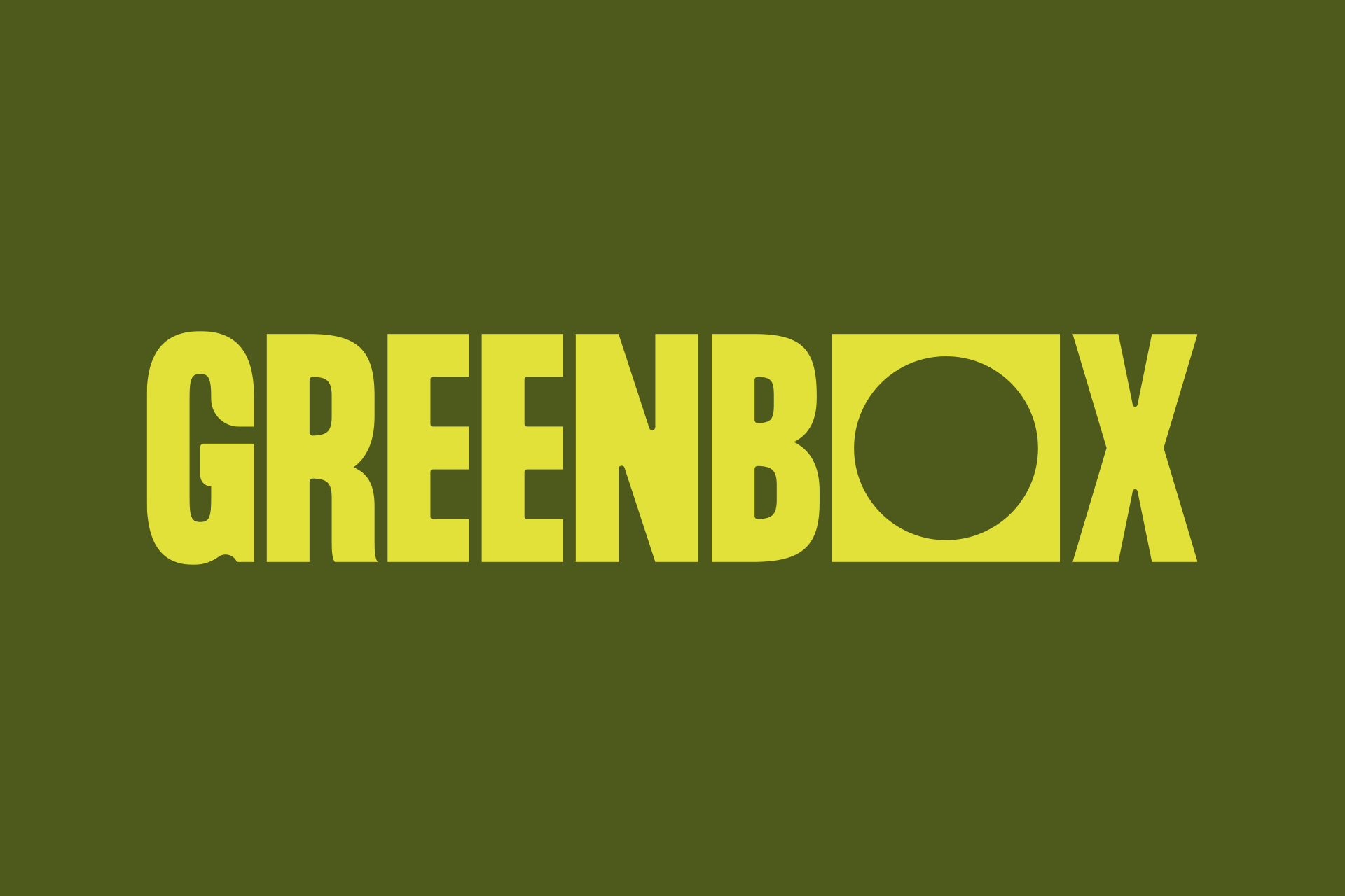 Greenbox logo with the word 'GREENBOX' in large yellow-green letters on a darker green background, with the 'O' replaced by a solid black circle
