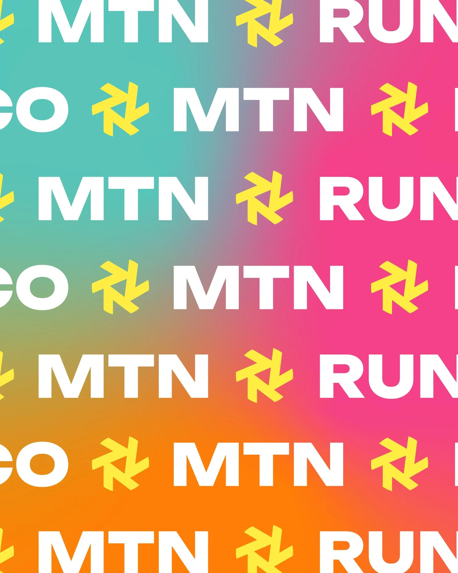 Pattern with the words 'MTN' and 'RUN' in white text, separated by yellow arrows, on a rainbow gradient background.