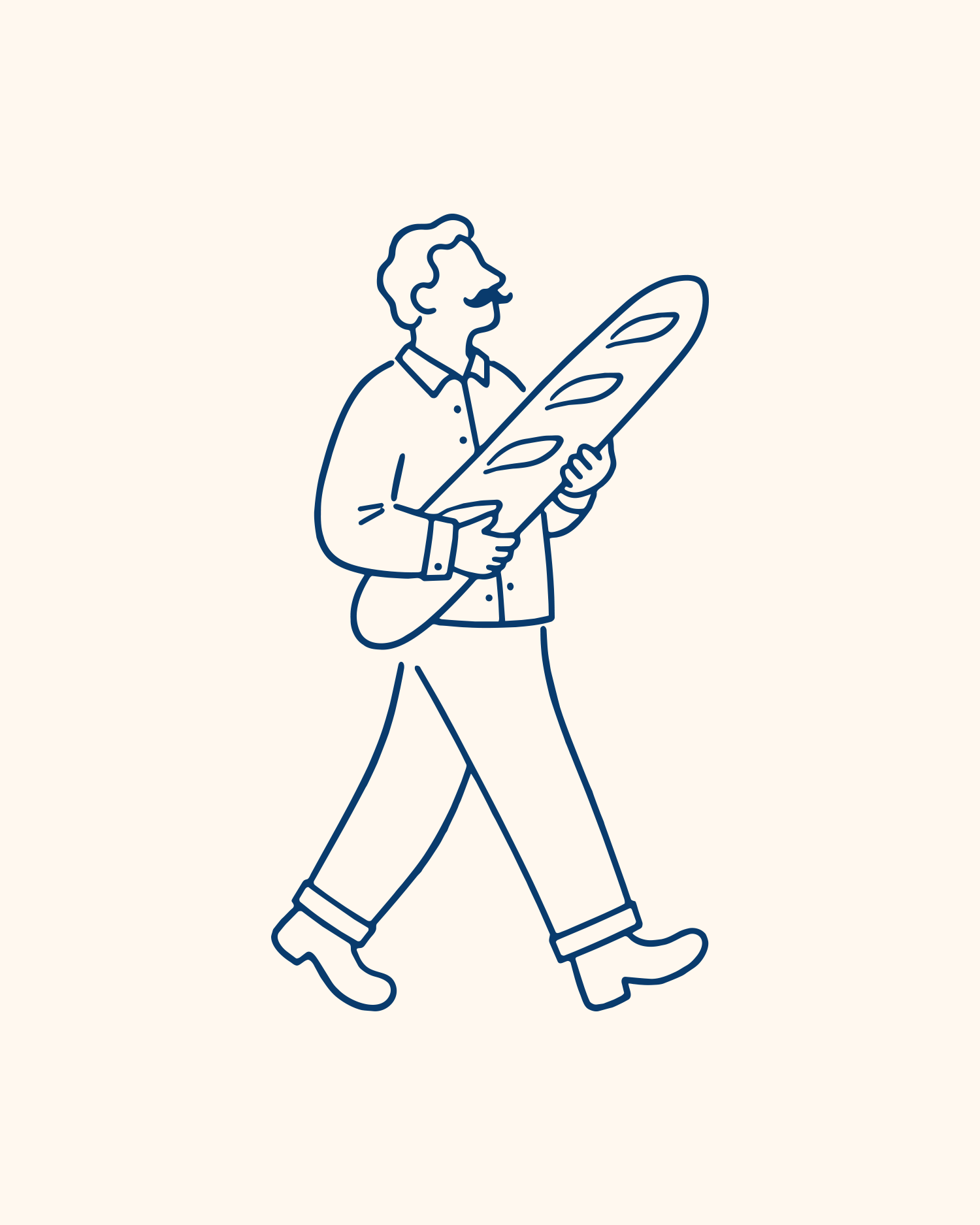 Line drawing of a man walking with a long loaf of bread.
