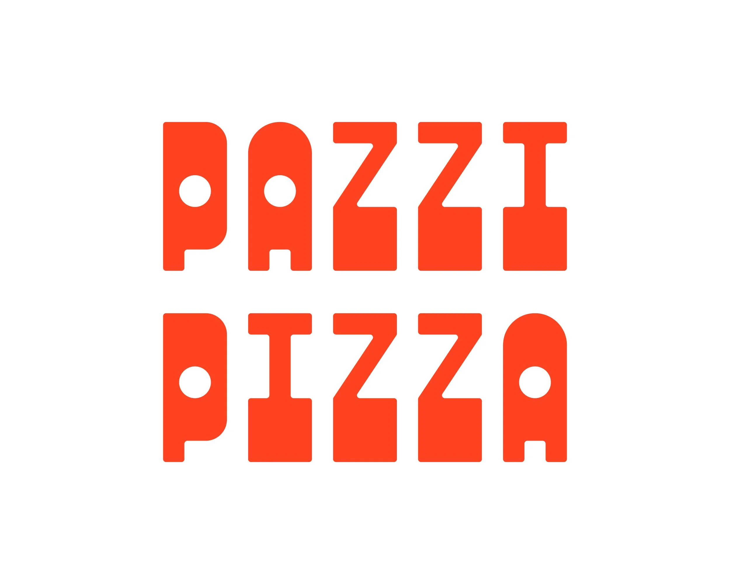 Red stylized text spelling 'PIZZA' twice, arranged vertically, on a white background.