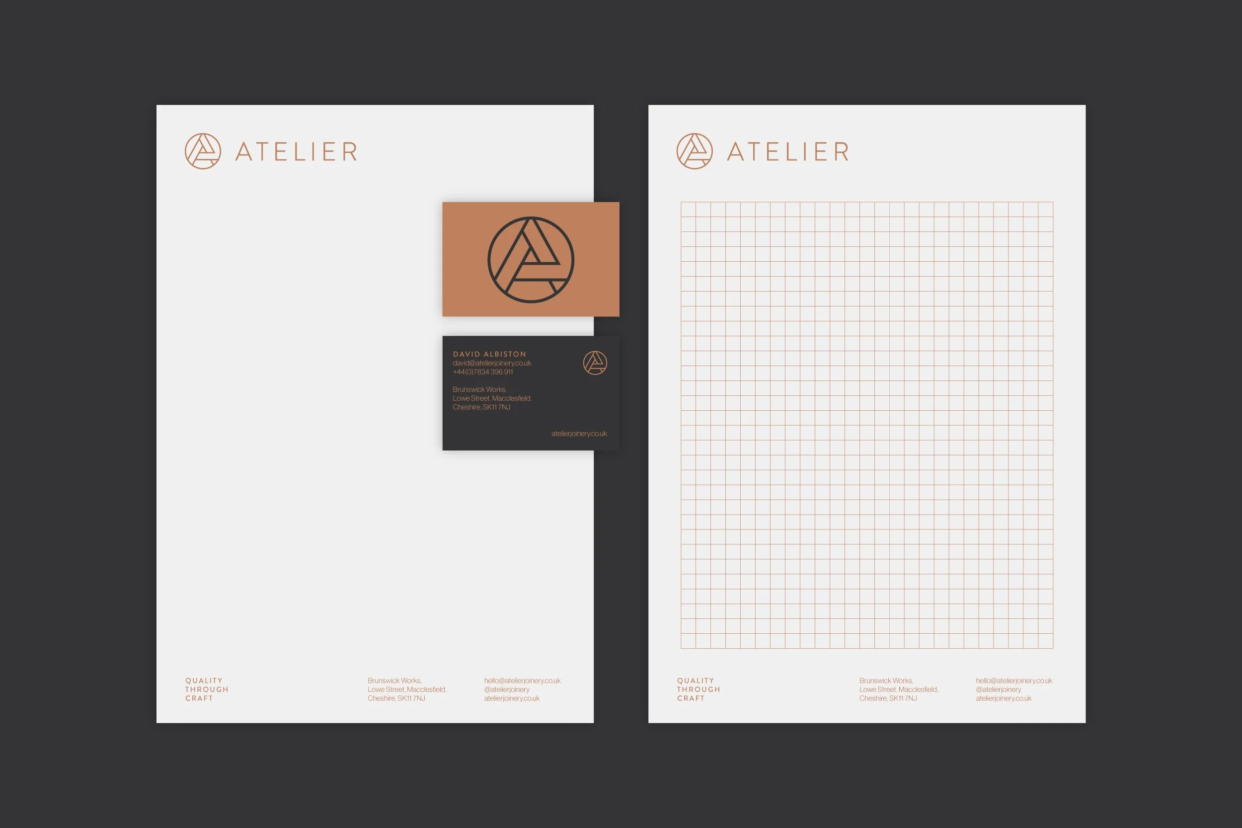 Business stationery for ATELIER, including letterhead, business card, and envelope, featuring a minimalist design with a logo and text in black and brown colors on a white background.