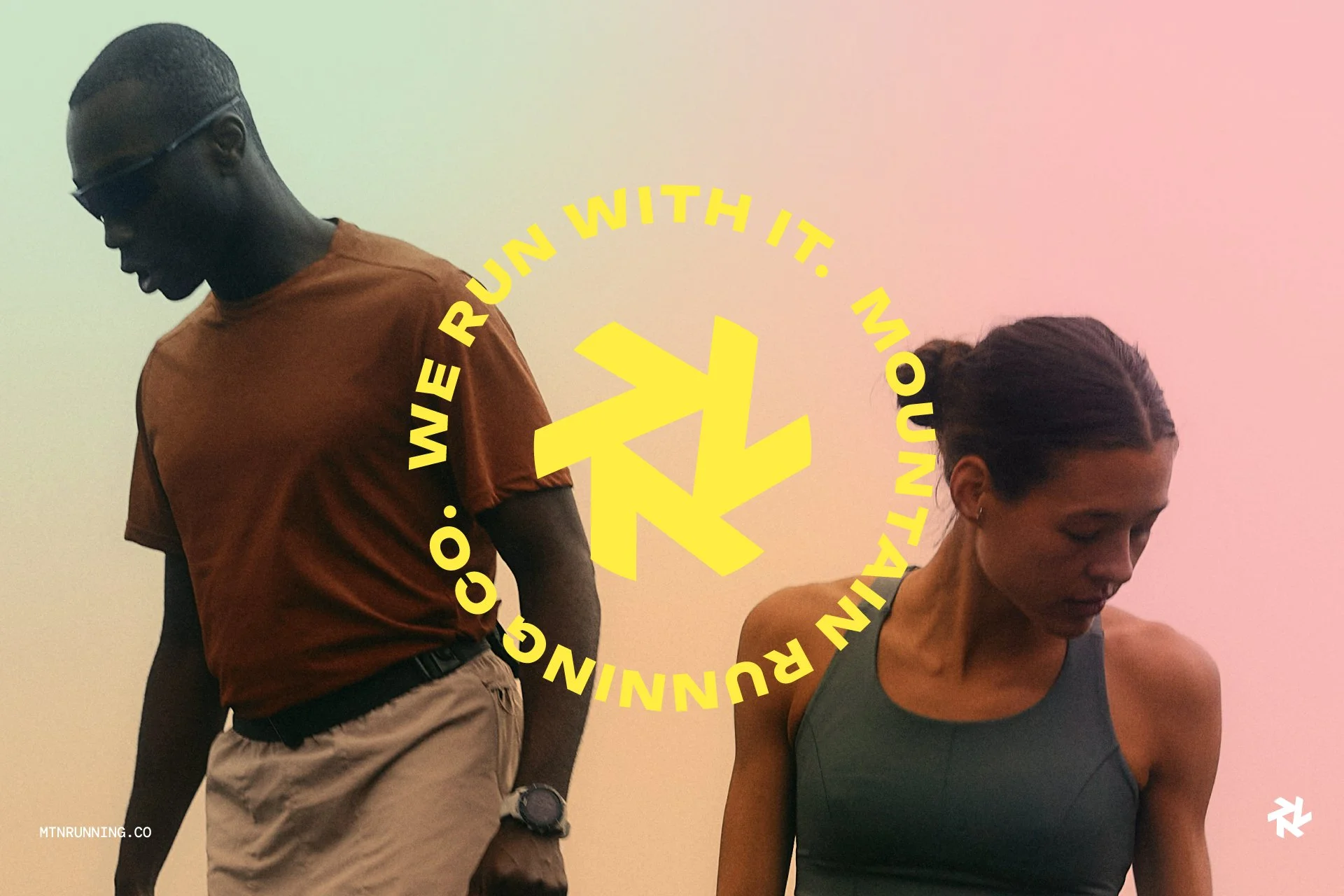 A man wearing sunglasses and an orange T-shirt stands next to a woman in a dark green sports top against a gradient background, with a yellow circular logo and text saying 'We run with it. Mountain running co.' overlaid.