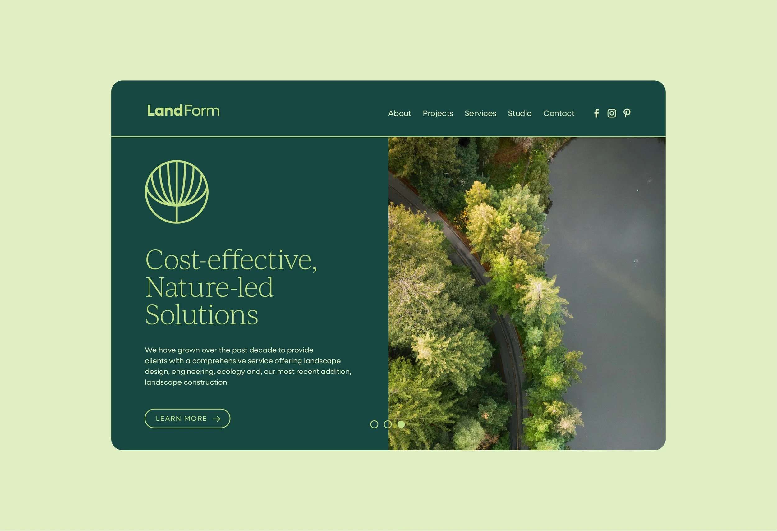 Website homepage for LandForm, featuring a logo of a tree, menu options for About, Projects, Services, Studio, Contact, and social media icons, with the main content highlighting cost-effective, nature-led landscape solutions, and an aerial view of a forested landscape next to a body of water.