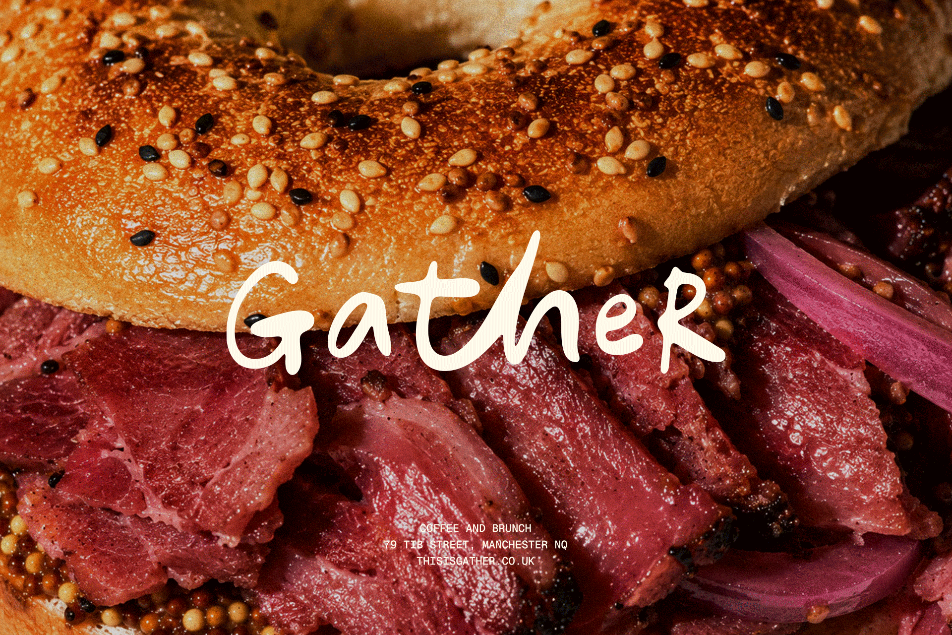 Close-up image of carpaccio with raw red meat, topped with mustard seeds. Text overlay reads "Gather" with smaller text beneath that says "Coffee and Brunch, 79 TIB Street, Manchester NQ, thisgather.co.uk".
