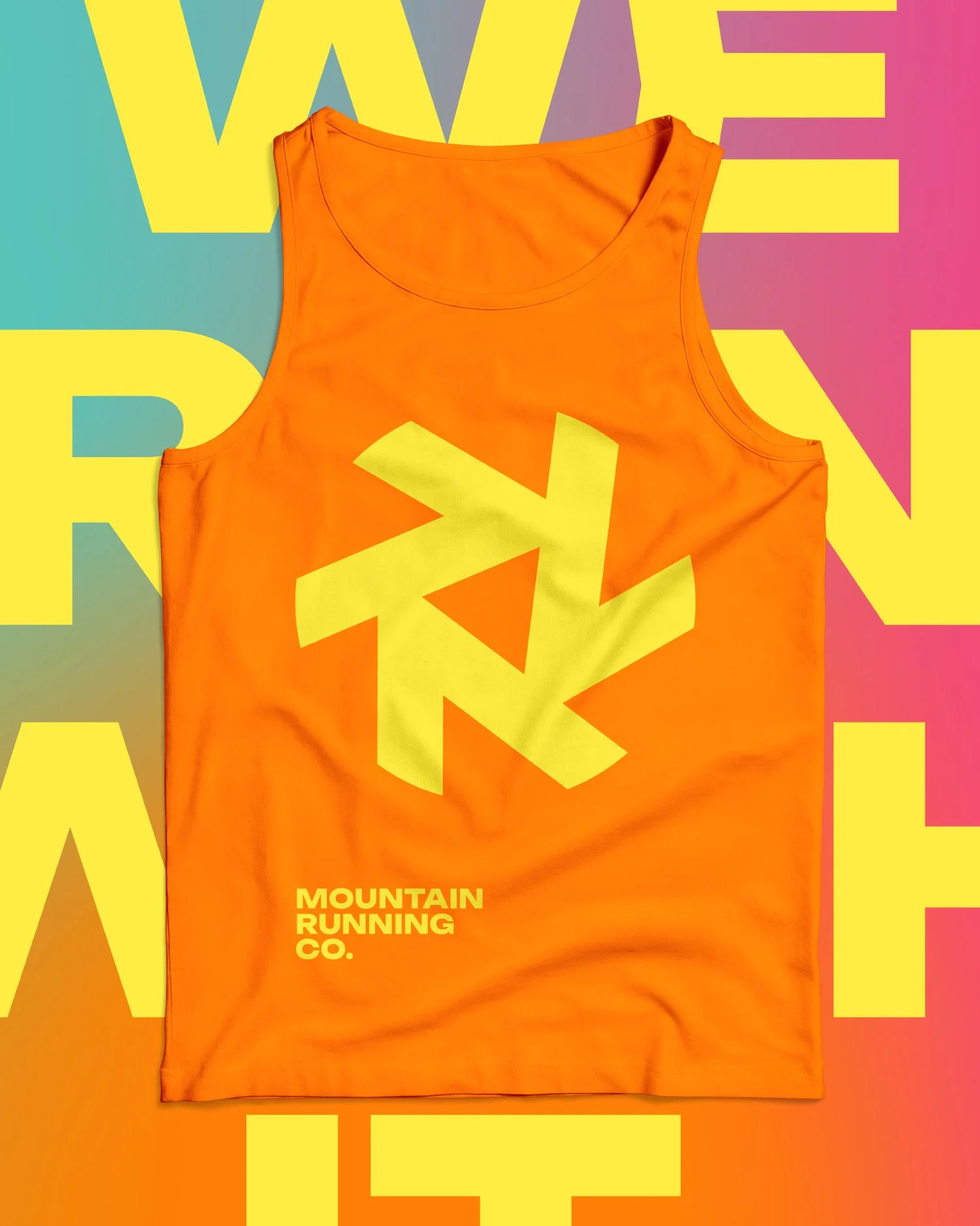 An orange tank top with yellow geometric graphic and yellow text that reads 'Mountain Running Co.' on colorful background with large yellow, pink, and green letters.