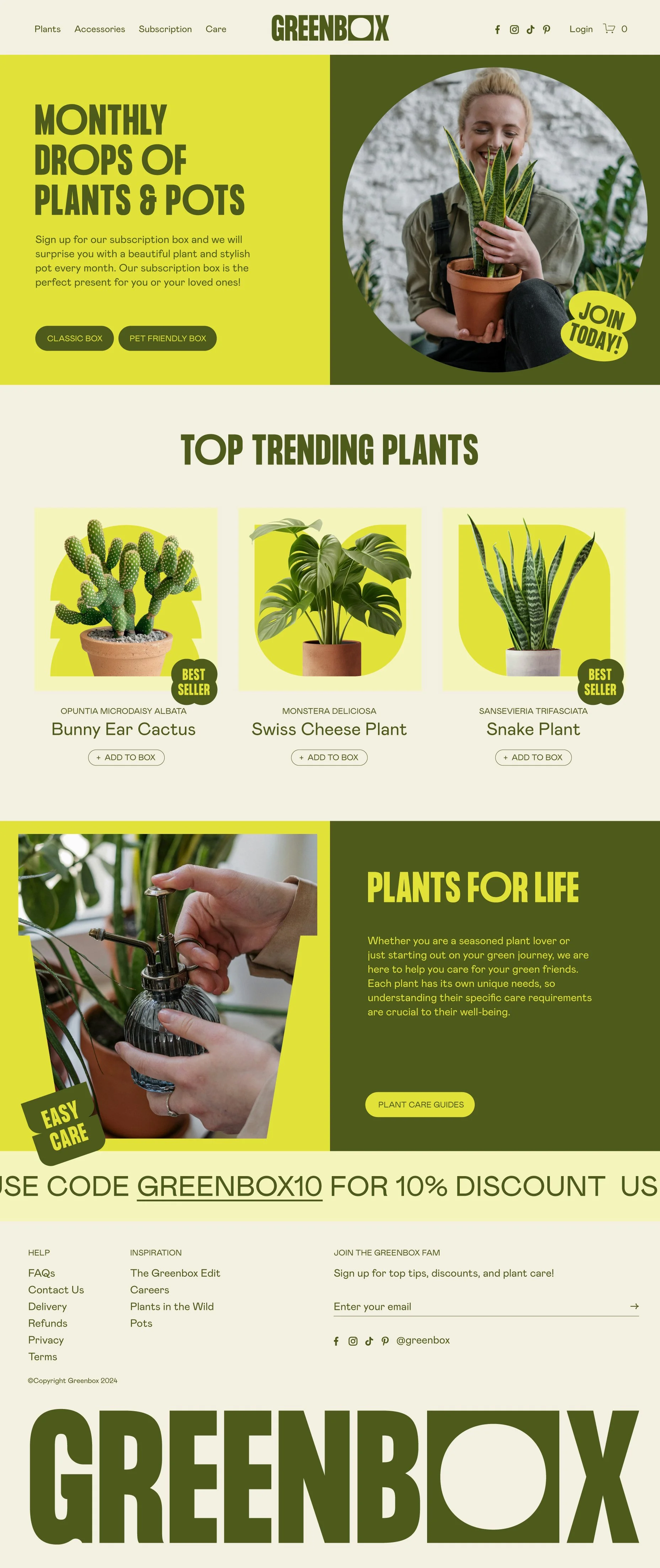 A webpage for Greenbox subscription service featuring monthly plant drops. The page displays a woman smiling and holding a potted snake plant, with options for subscription boxes. Below are images of top trending plants: Bunny Ear Cactus, Swiss Cheese Plant, and Snake Plant, each with an add to box button. The page highlights plant care guides and offers a discount code, with navigation links and social media icons.
