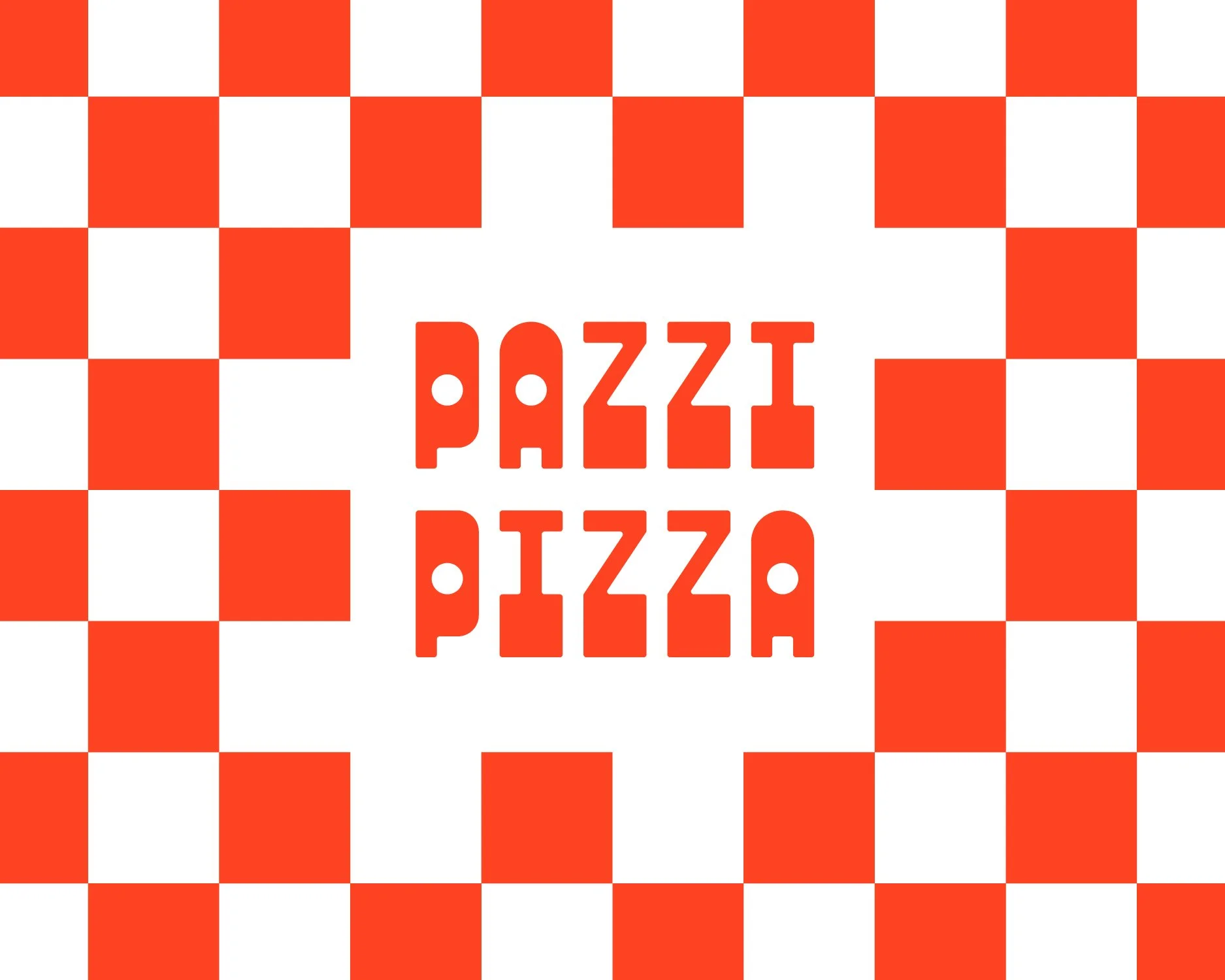 Red and white checkered pattern with the text 'Pazzi Pizza' in orange in the center.