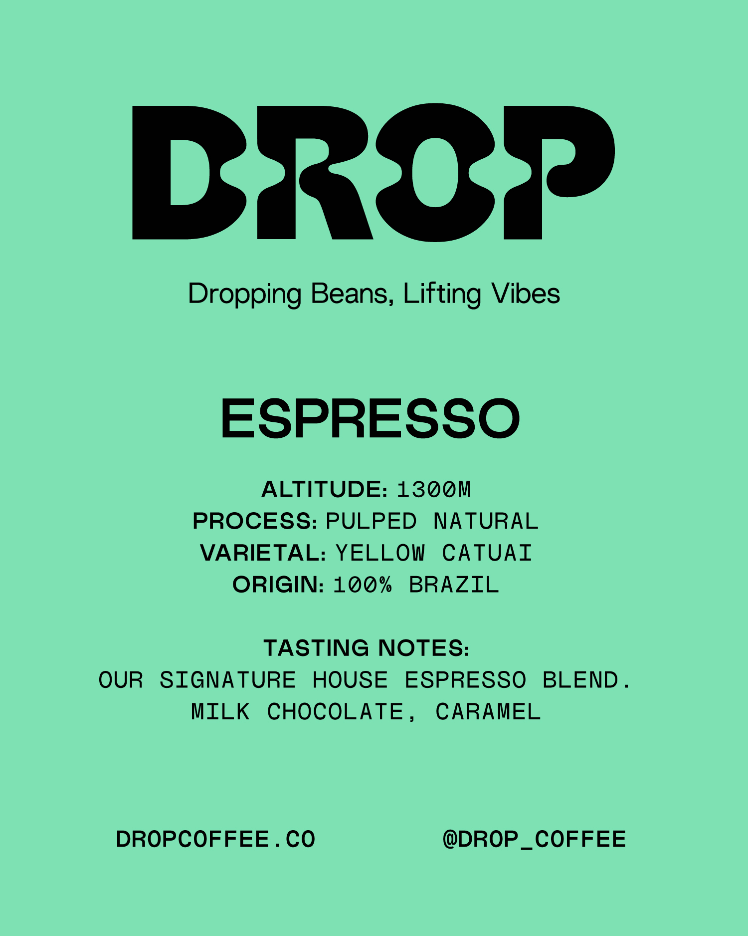 Poster with a green background advertising espresso coffee, featuring information about the coffee's altitude, process, varietal, origin, tasting notes, and brand contact details.