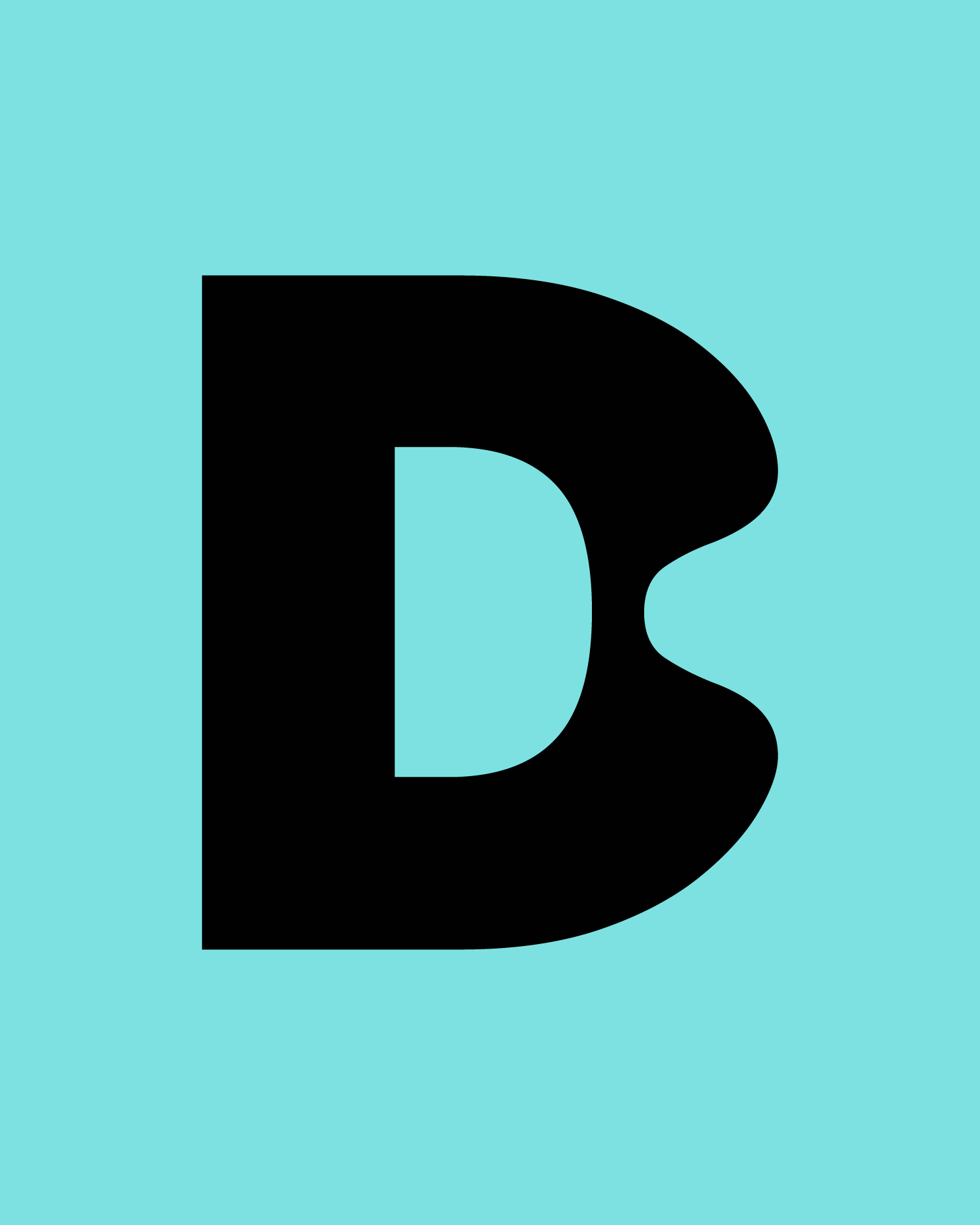 Large black letter B on a light turquoise background.