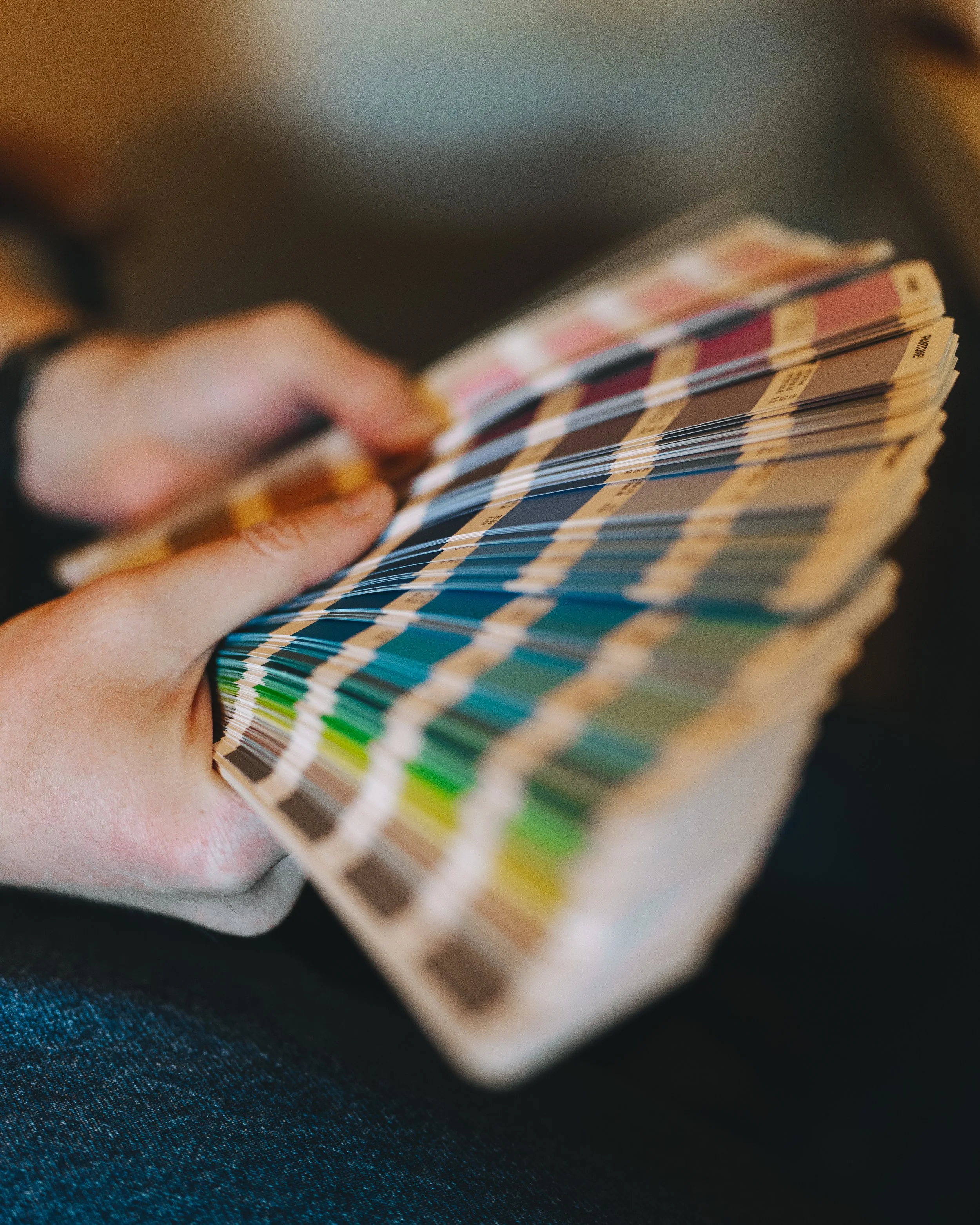 A person's hand holding a fan deck of color samples.