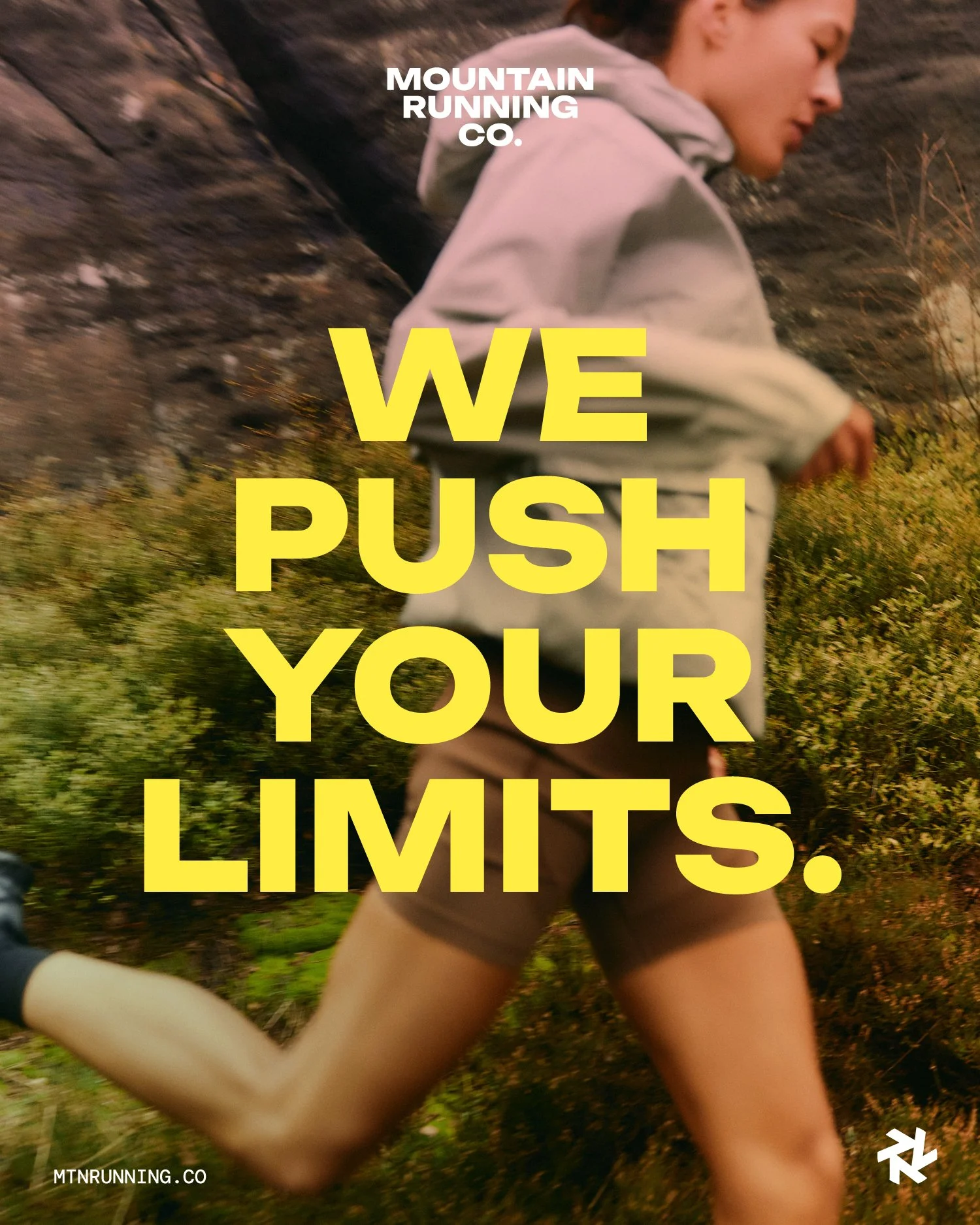Person running outdoors on a trail with mountains and trees in the background, and text overlay saying 'We Push Your Limits'.