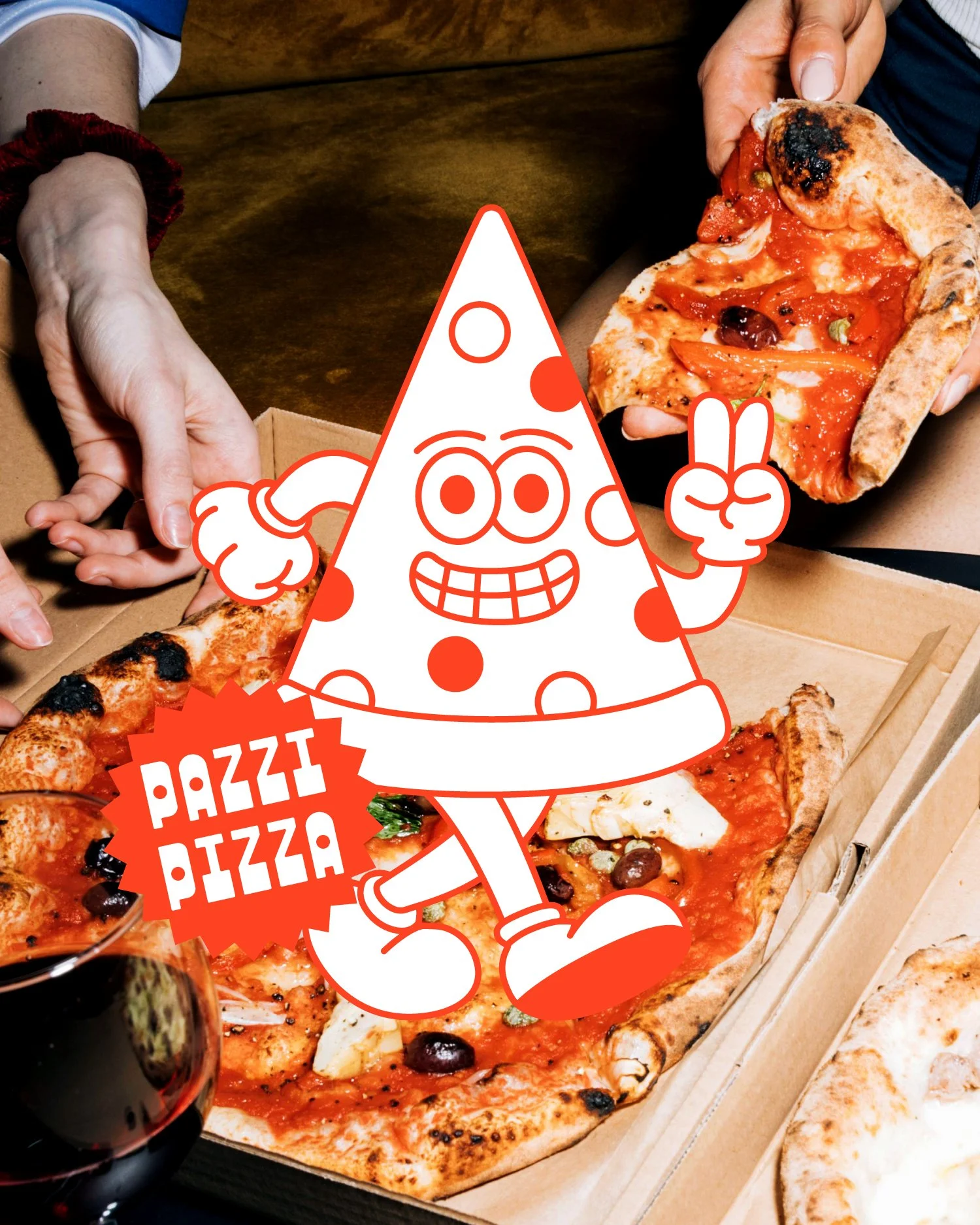 Person holding a slice of pepperoni pizza over a pizza box, with a glass of red wine nearby. An illustrated cartoon character of a smiling pizza slice with arms and legs, making a peace sign, overlayed on the image.