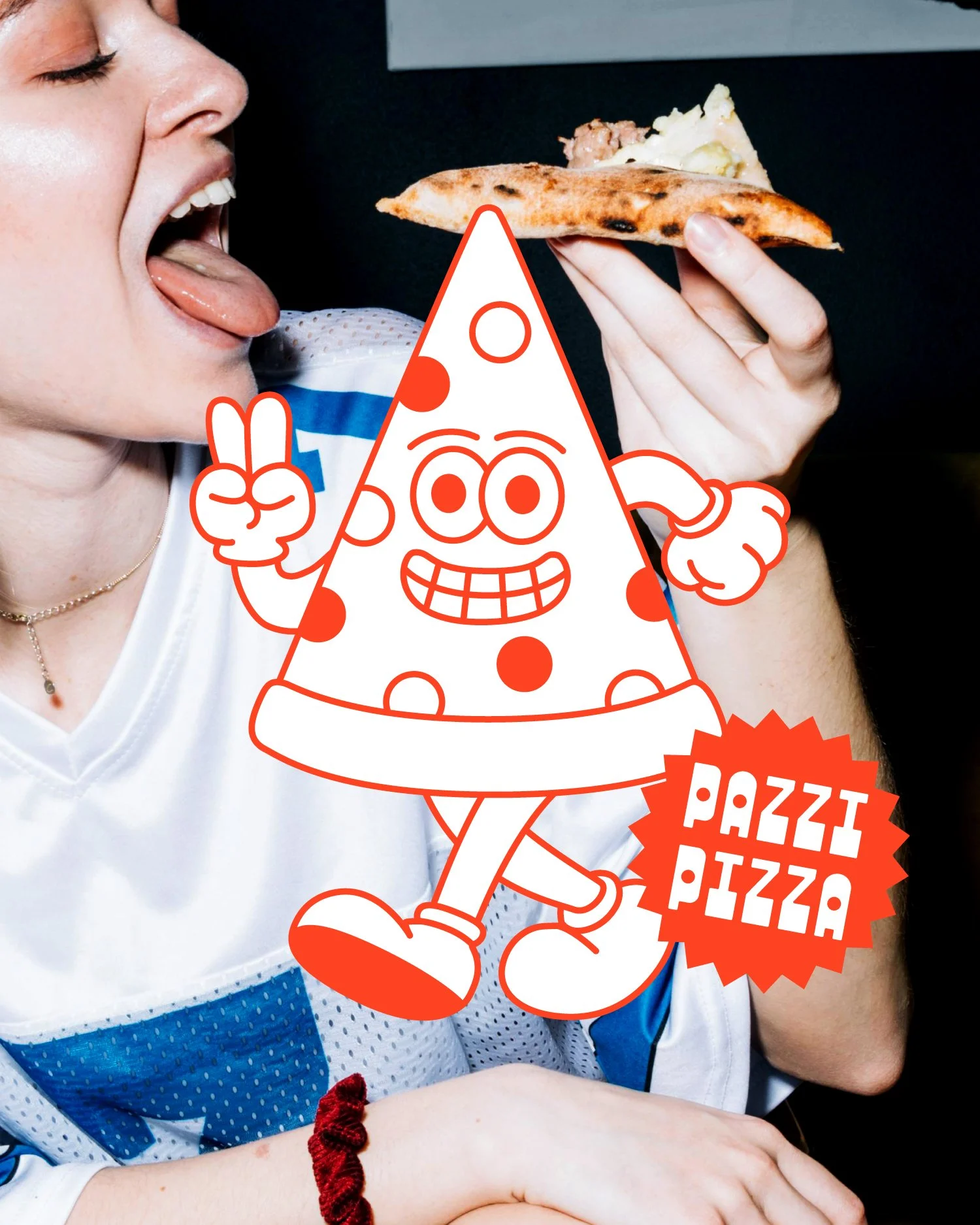 Person in a white sports jersey holding a slice of pizza close to their open mouth, with a cartoon pizza slice character overlayed in front of them.