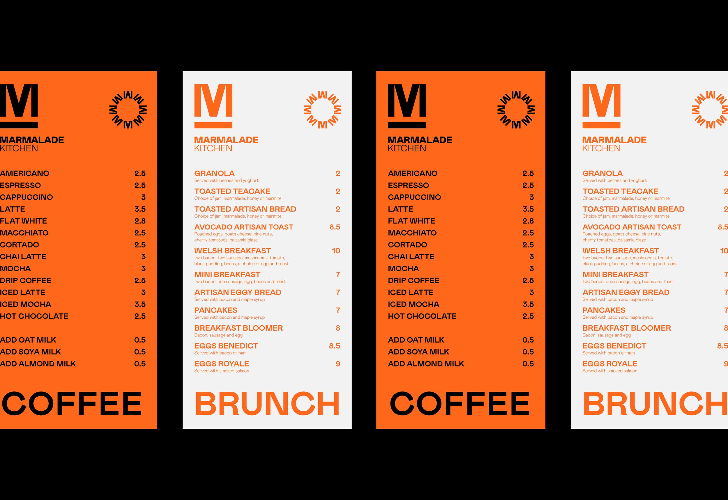 Image of four menus for Marmalade Kitchen, alternating between orange and white backgrounds with black and orange text, listing various breakfast and coffee items and prices.