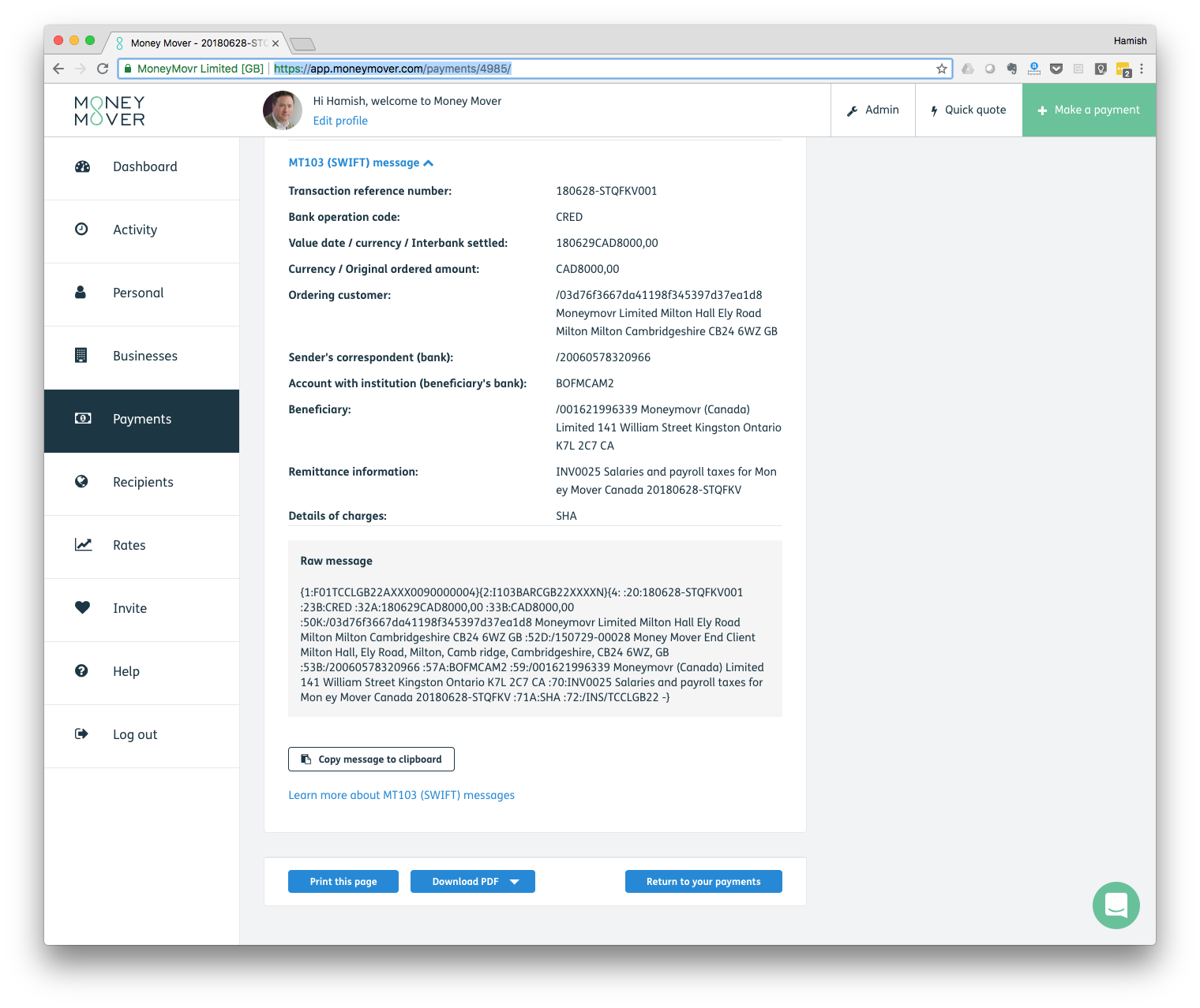 Payment Confirmations — Money Mover